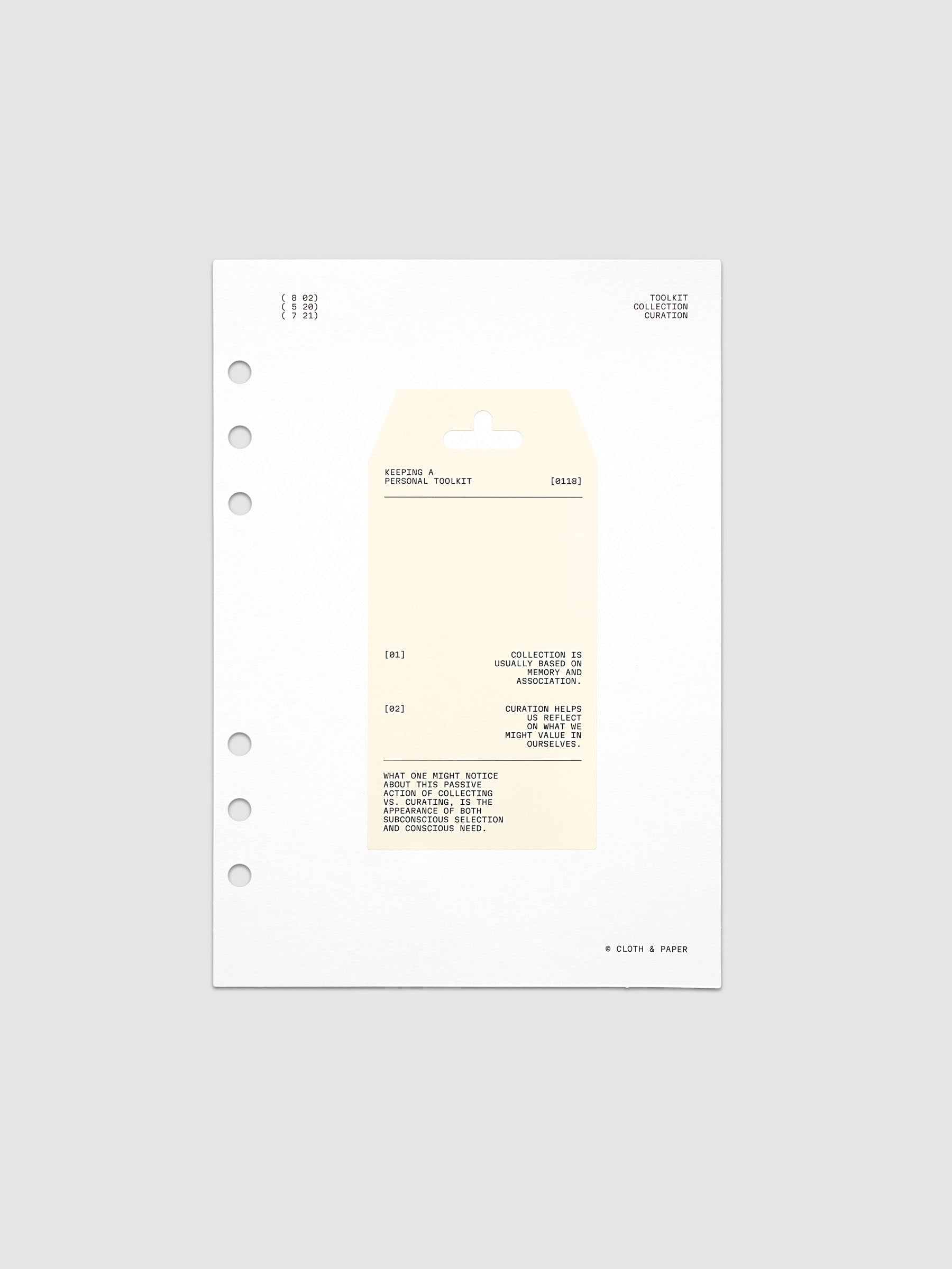 Personal Toolkit Planner Dashboard in A5 6-Ring Punch, a cardstock dashboard with an affixed warm gray printed tag in black type on a light gray background