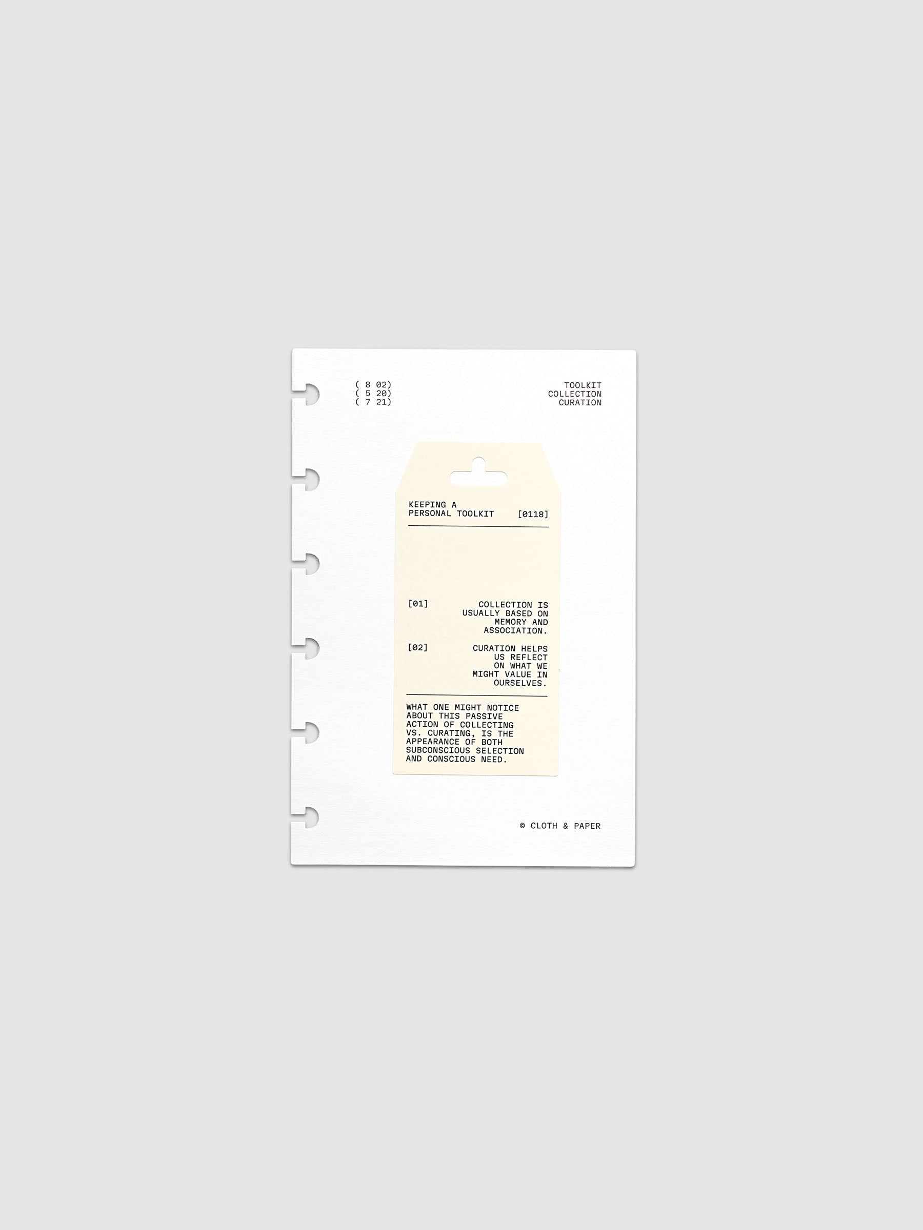 Personal Toolkit Planner Dashboard in CP Petite 6-Disc Punch, a cardstock dashboard with an affixed warm gray printed tag in black type on a light gray background