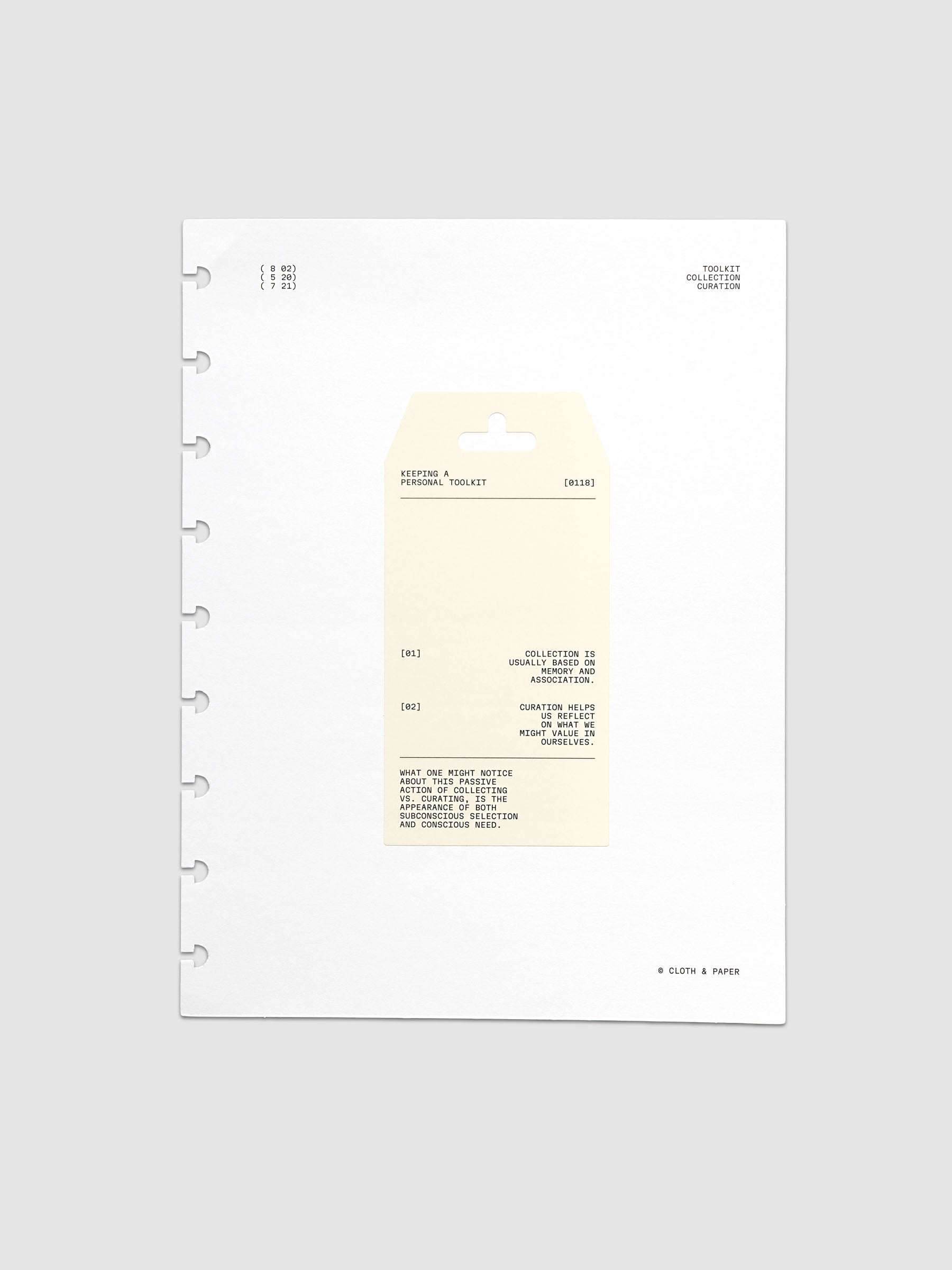 Personal Toolkit Planner Dashboard in HP Classic 9-Disc Punch, a cardstock dashboard with an affixed warm gray printed tag in black type on a light gray background
