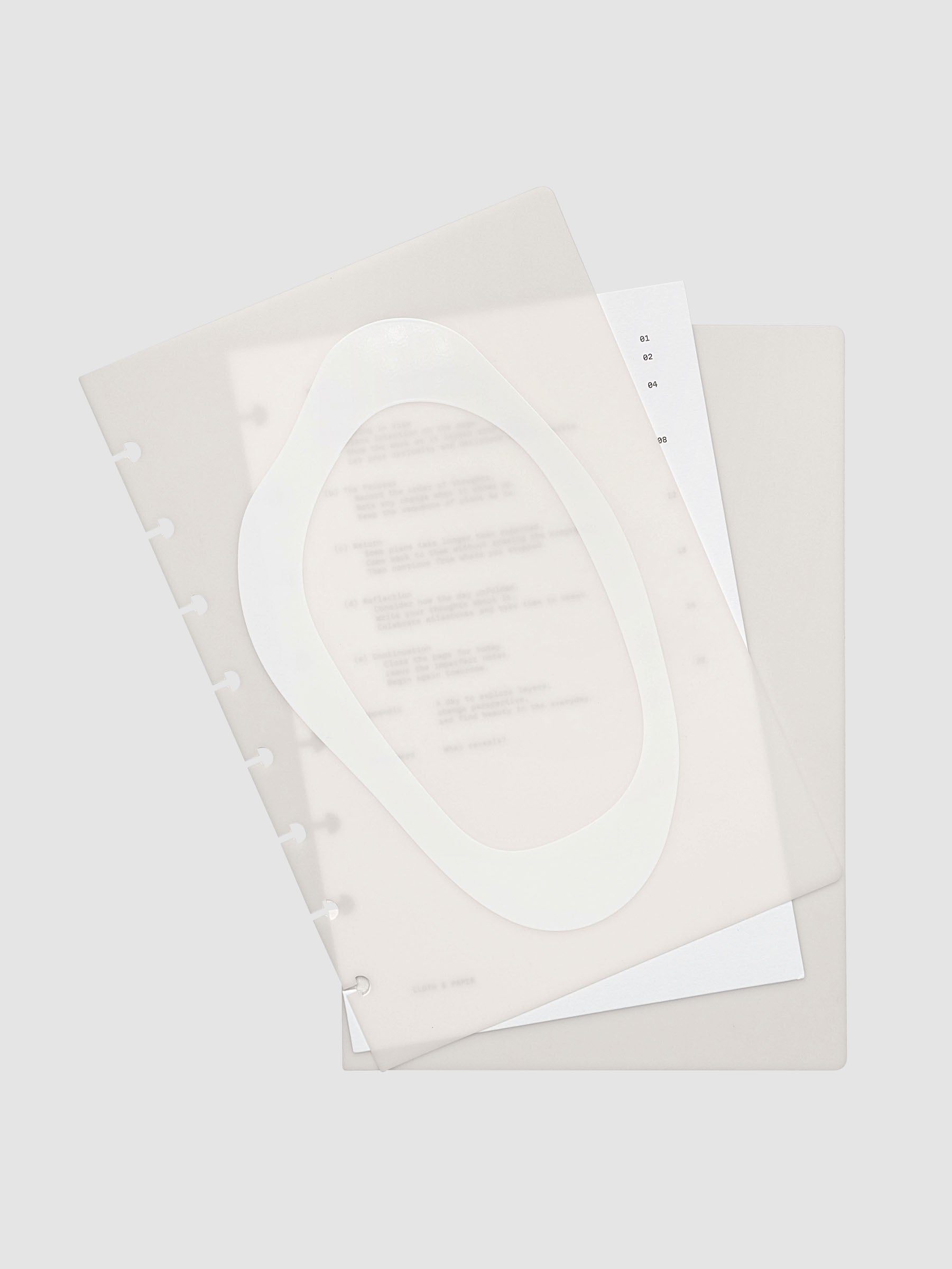 Continuation Planner Cover + Dashboard Set in Half Letter 8-Disc Punch. Milky white frosted plastic cover with a spot gloss organic shape over a black-printed paper dashboard. Image 2 of 6.