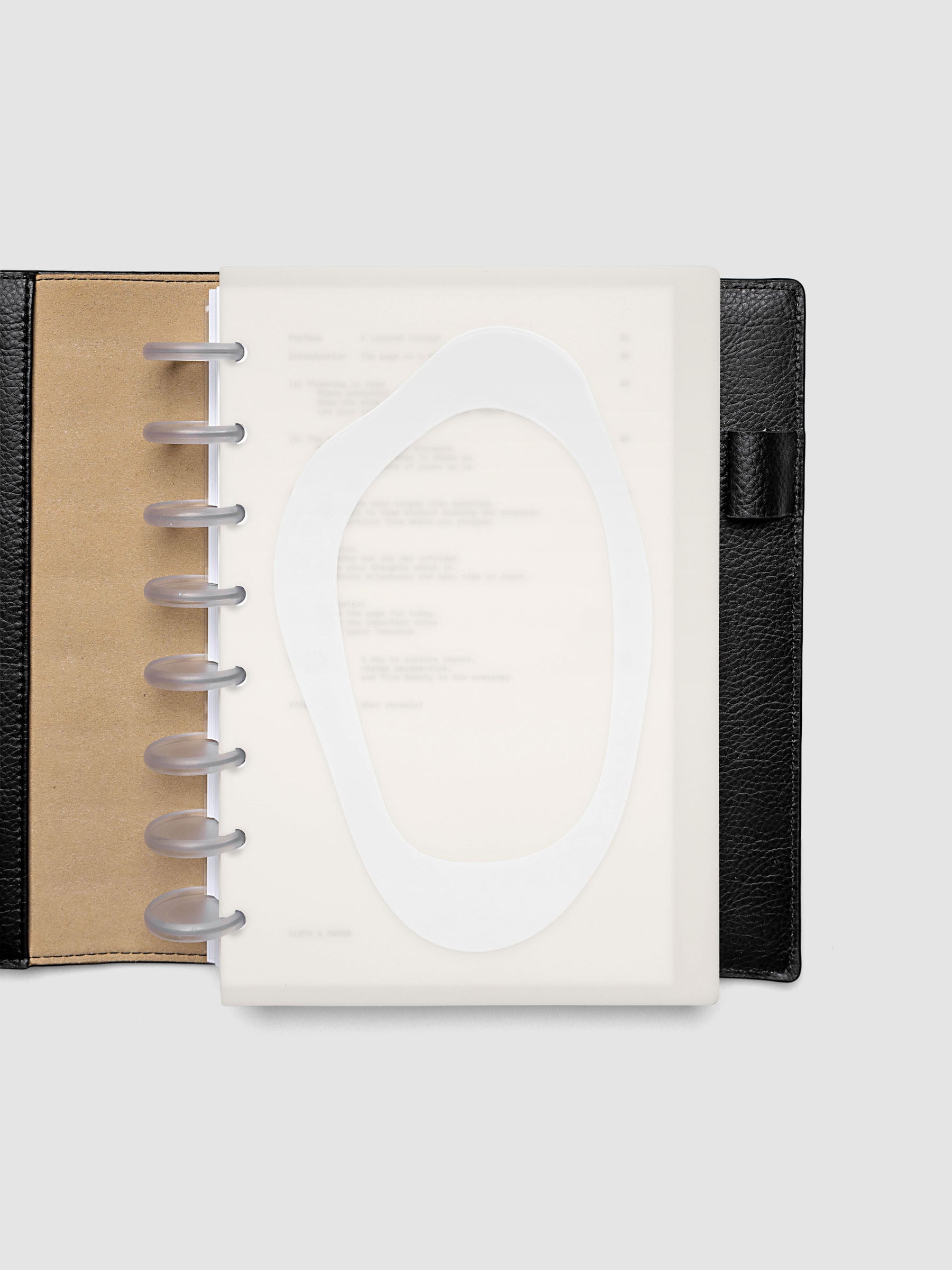 Continuation Planner Cover + Dashboard Set in Half Letter 8-Disc Punch. Milky white frosted plastic cover with a spot gloss organic shape over a black-printed paper dashboard. Image 3 of 6.