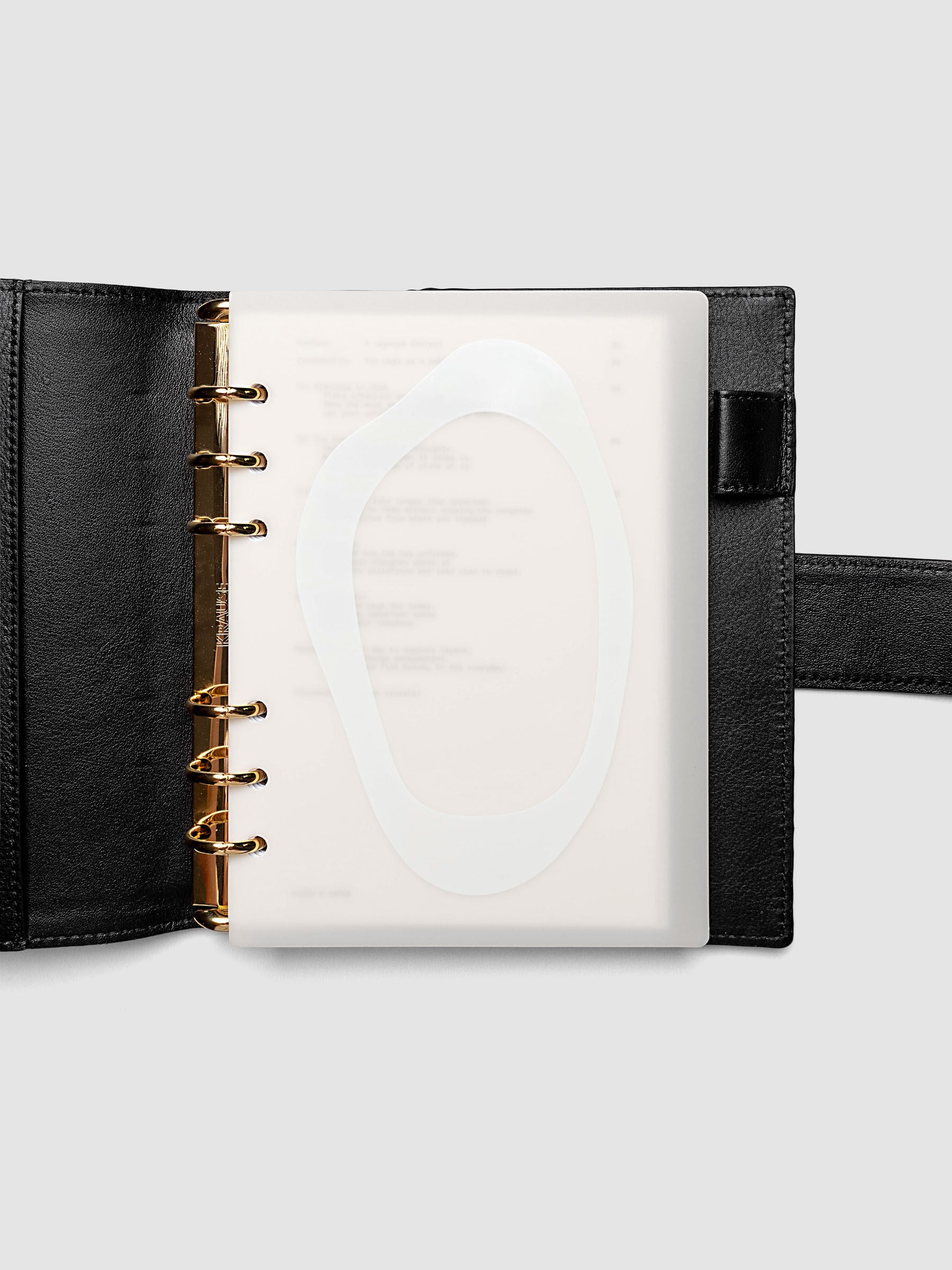 Continuation Planner Cover + Dashboard Set in Personal Wide. Milky white frosted plastic cover with a spot gloss organic shape over a black-printed paper dashboard. Image 3 of 3.