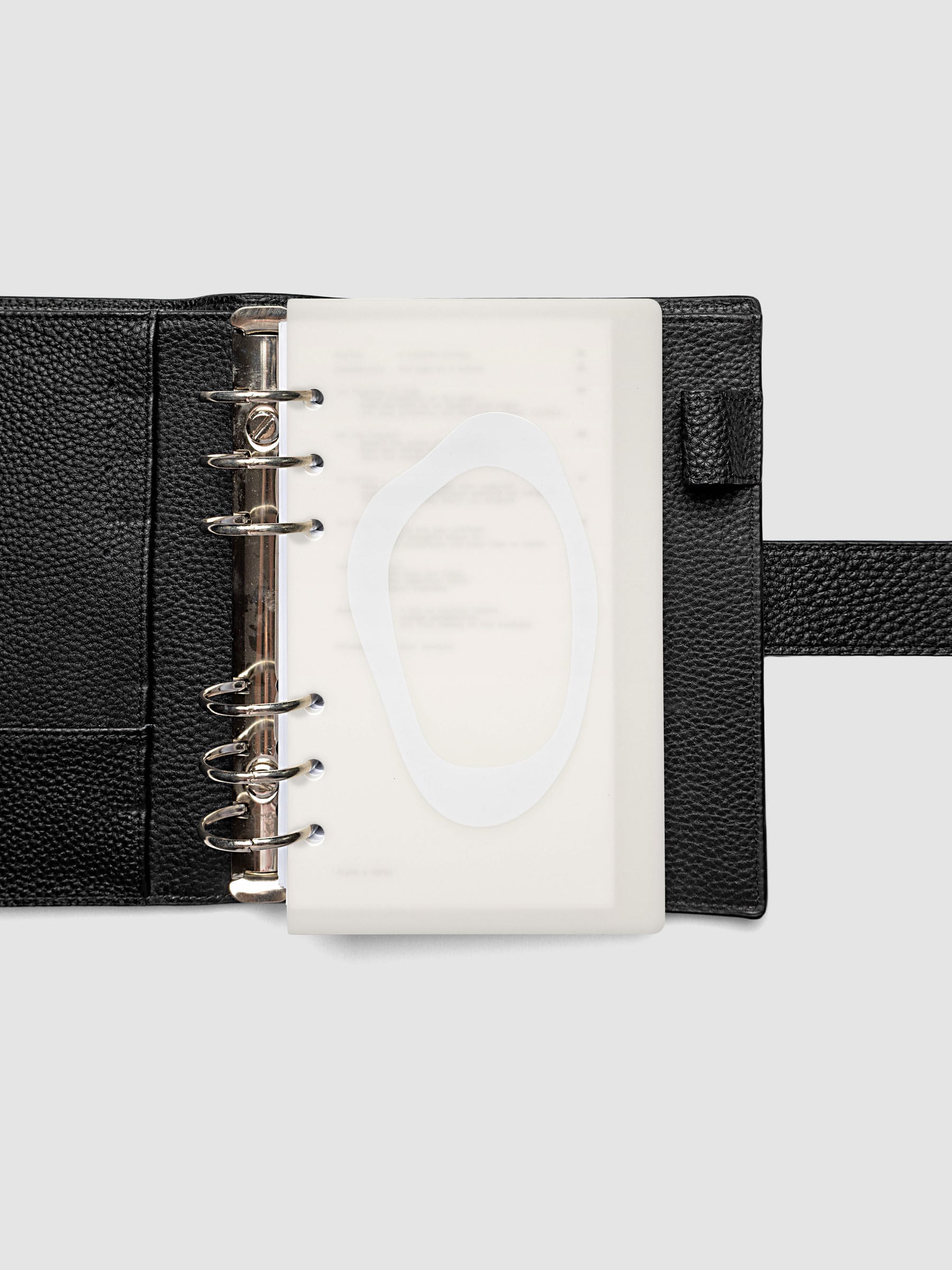 Continuation Planner Cover + Dashboard Set in Personal. Milky white frosted plastic cover with a spot gloss organic shape over a black-printed paper dashboard. Image 2 of 3.