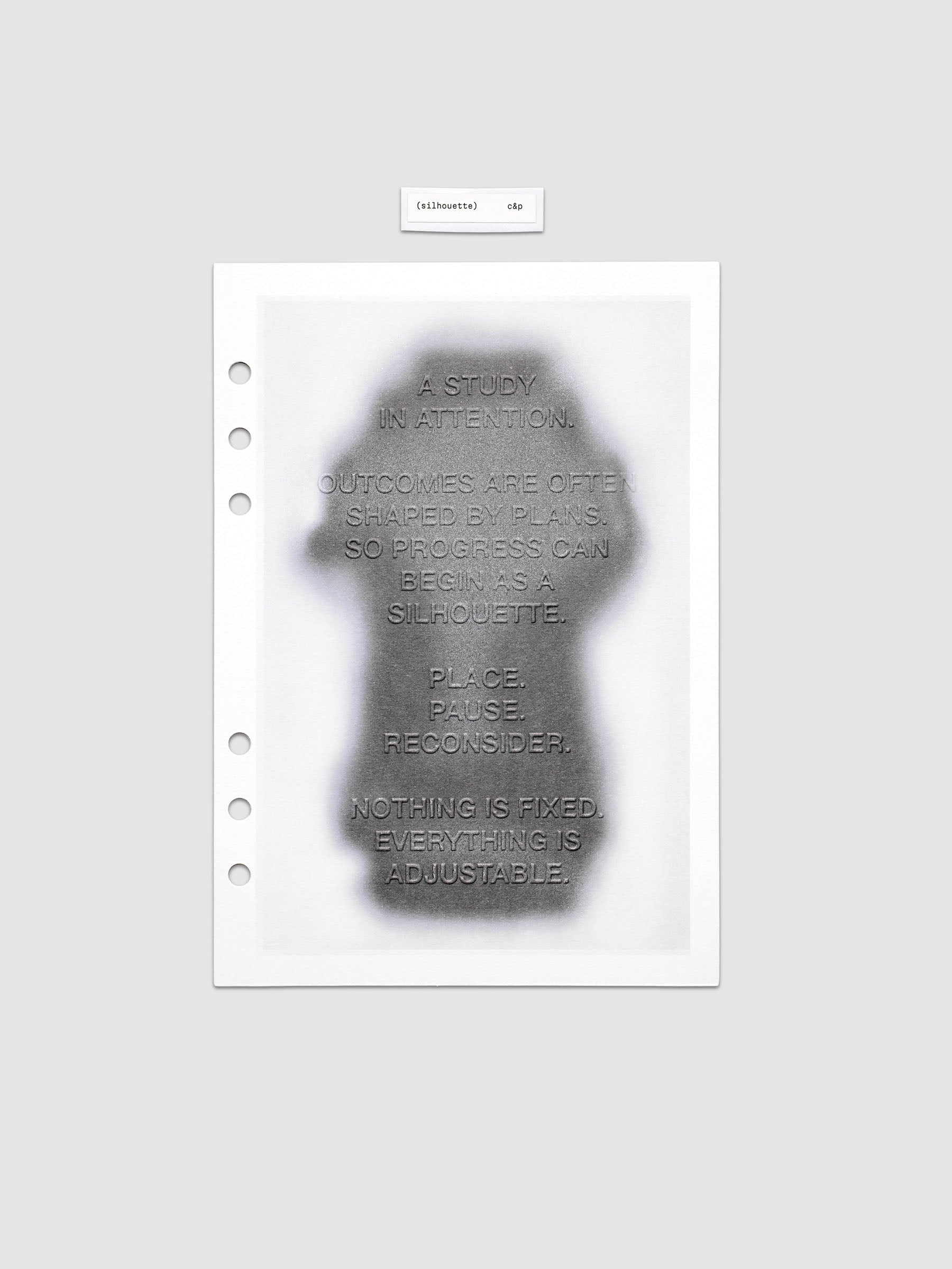 Silhouette Planner Dashboard in A5 6-Ring Punch. Greyscale silhouette print with embossed text on paper. Image 1 of 4.