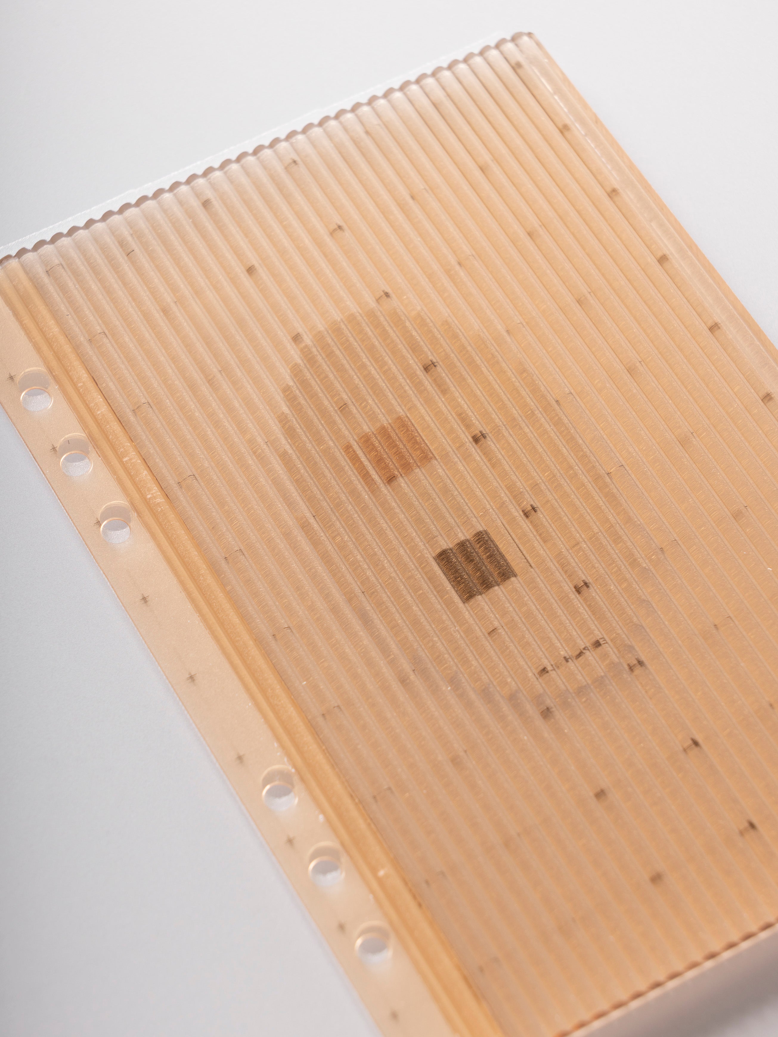Amber corrugated translucent planner divider, six ring punched, shown at an angle on a light gray surface