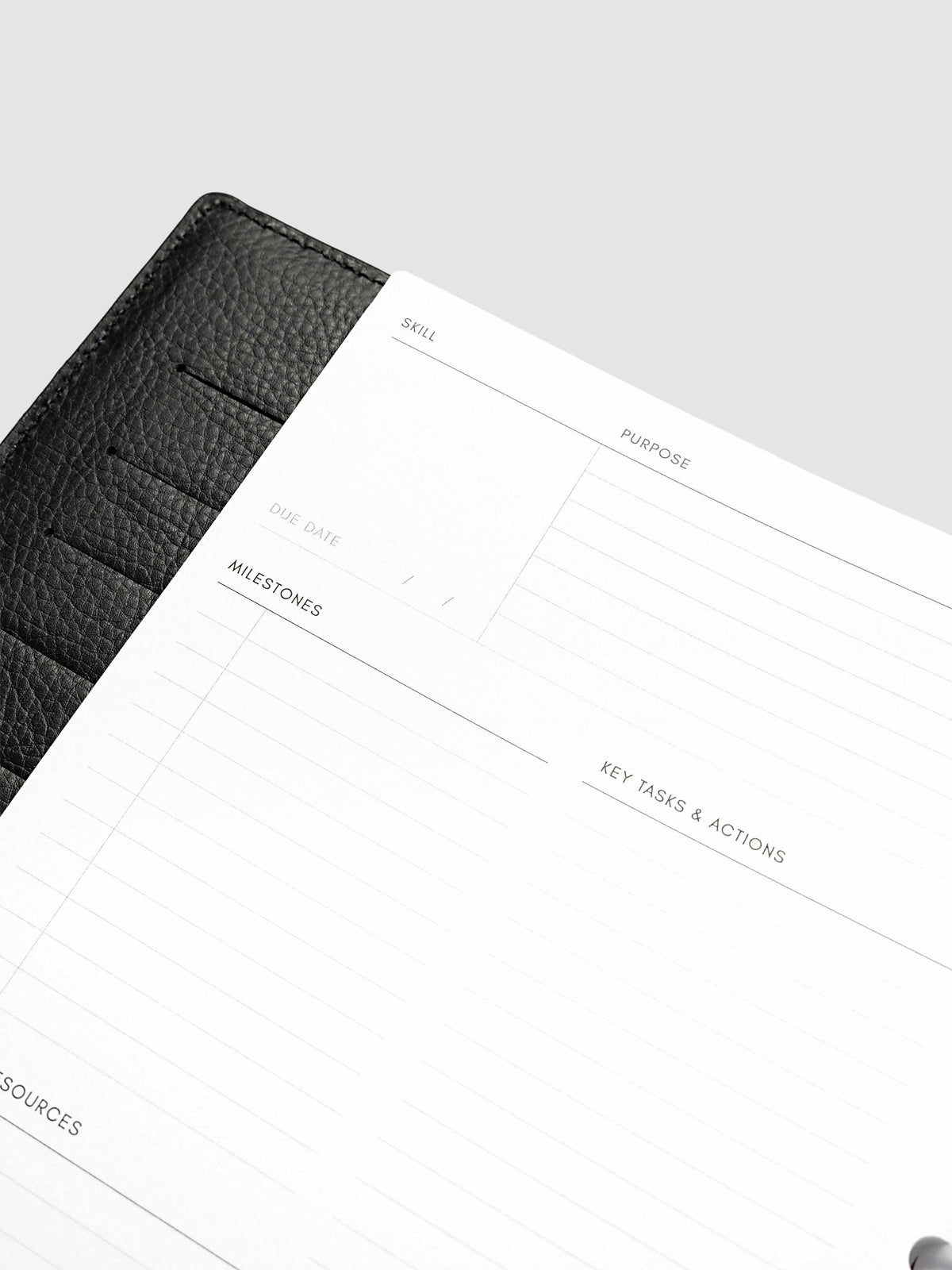 Close-up at an angle of the left page of a skill spread in the Half Letter 8-Disc Punch Personal Curriculum Planner Inserts, showing the skill, purpose and due date fields above the milestones section