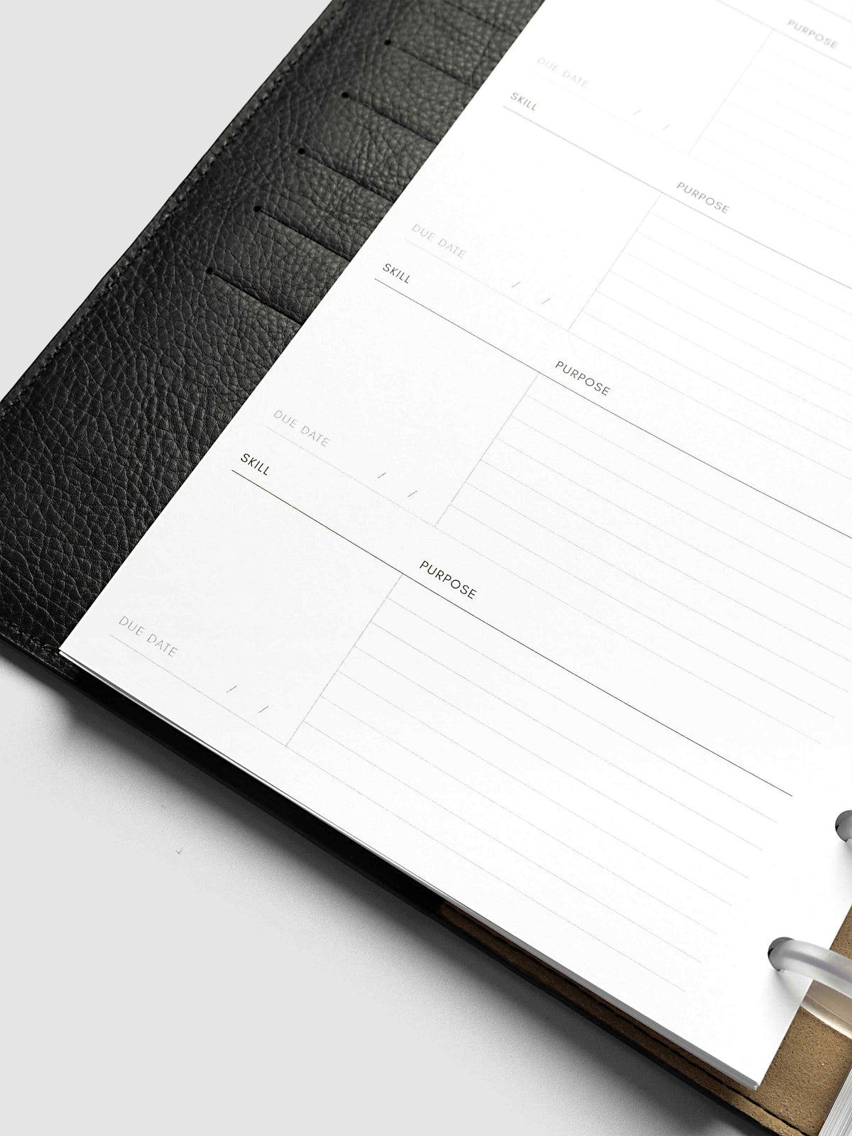Close-up at an angle of the lower index page of the Half Letter 8-Disc Punch Personal Curriculum Planner Inserts, showing further repeating skill, purpose and due date entries