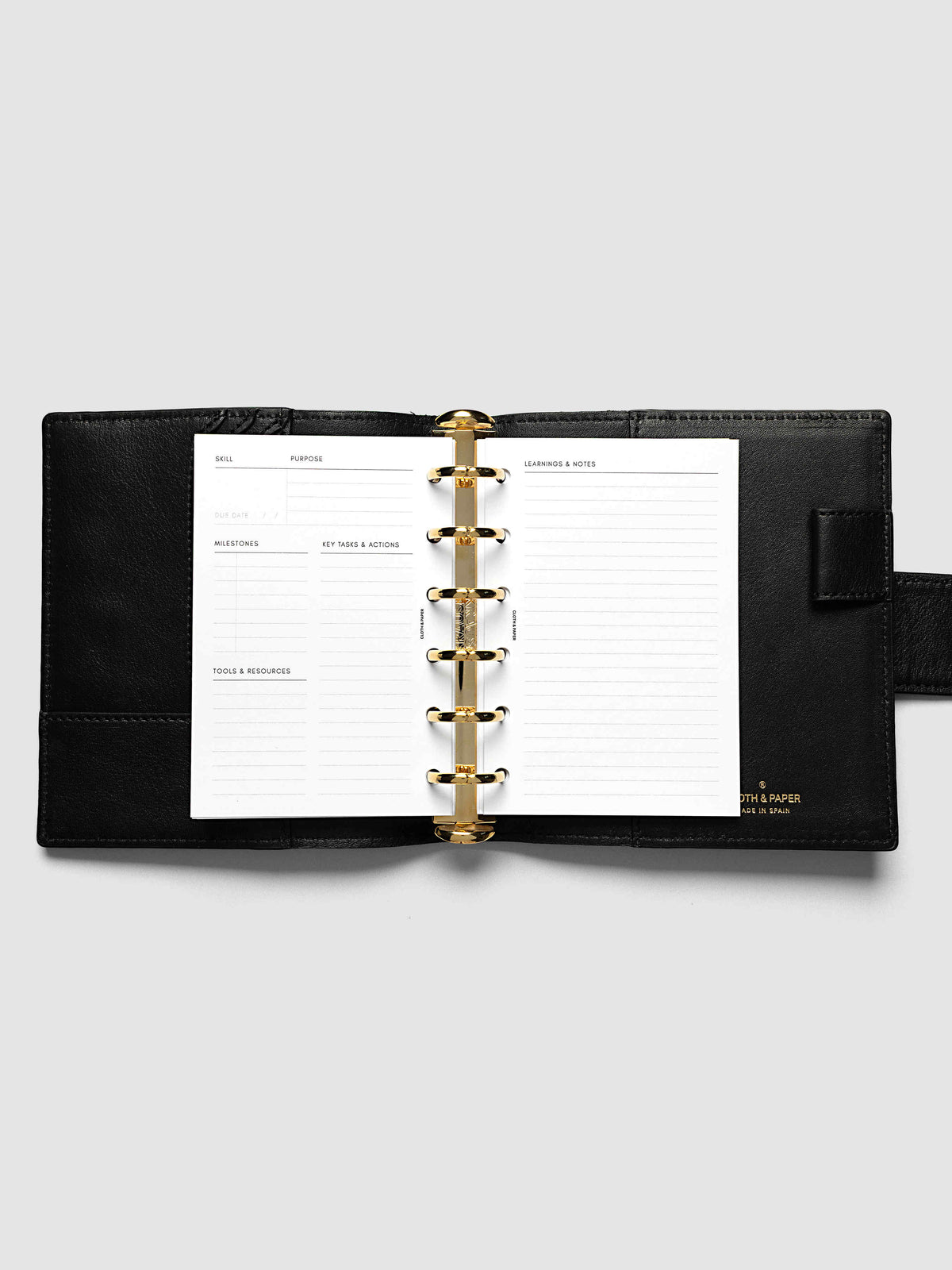 The Pocket Personal Curriculum Planner Inserts open in a black leather ring bound planner to a skill spread, with skill, purpose, milestones, key tasks and resources on the left and lined learnings and notes on the right