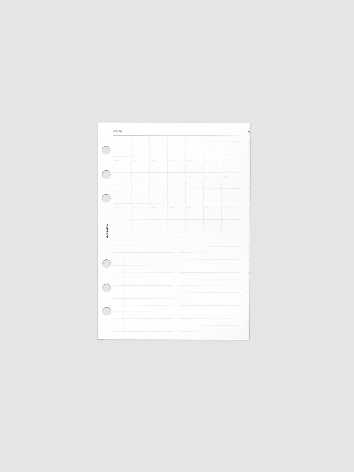Monthly Fold Out Planner Insert Set of 2, Personal Wide 6-Ring Punch, one white insert folded closed and photographed flat, monthly grid above two lined note columns