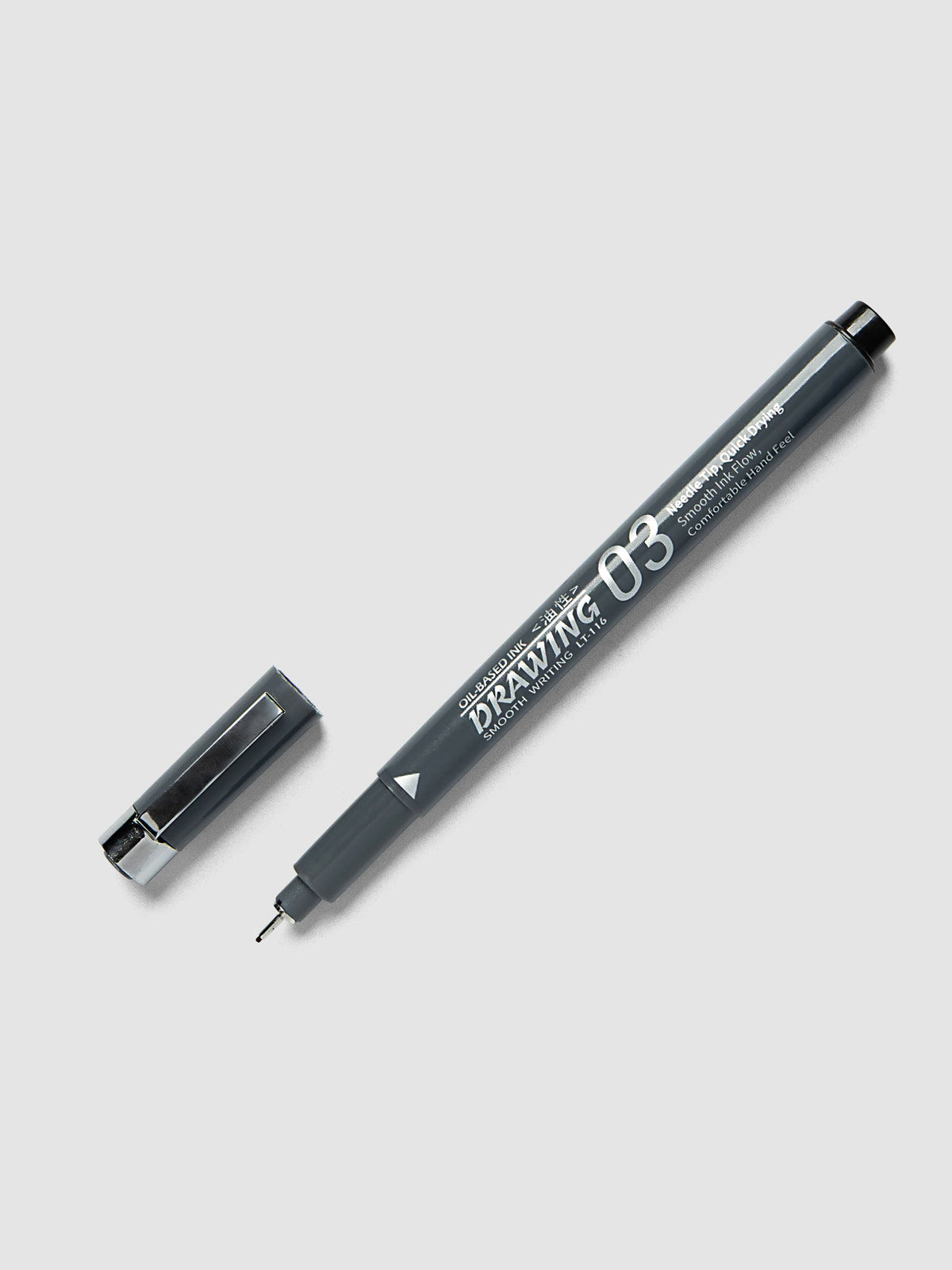 Leto Drawing Oil-Based Ink Pen, Black | 0.3 mm, uncapped pen laid at an angle with its cap beside it, gray barrel printed in silver, a black end cap and a fine exposed needle tip