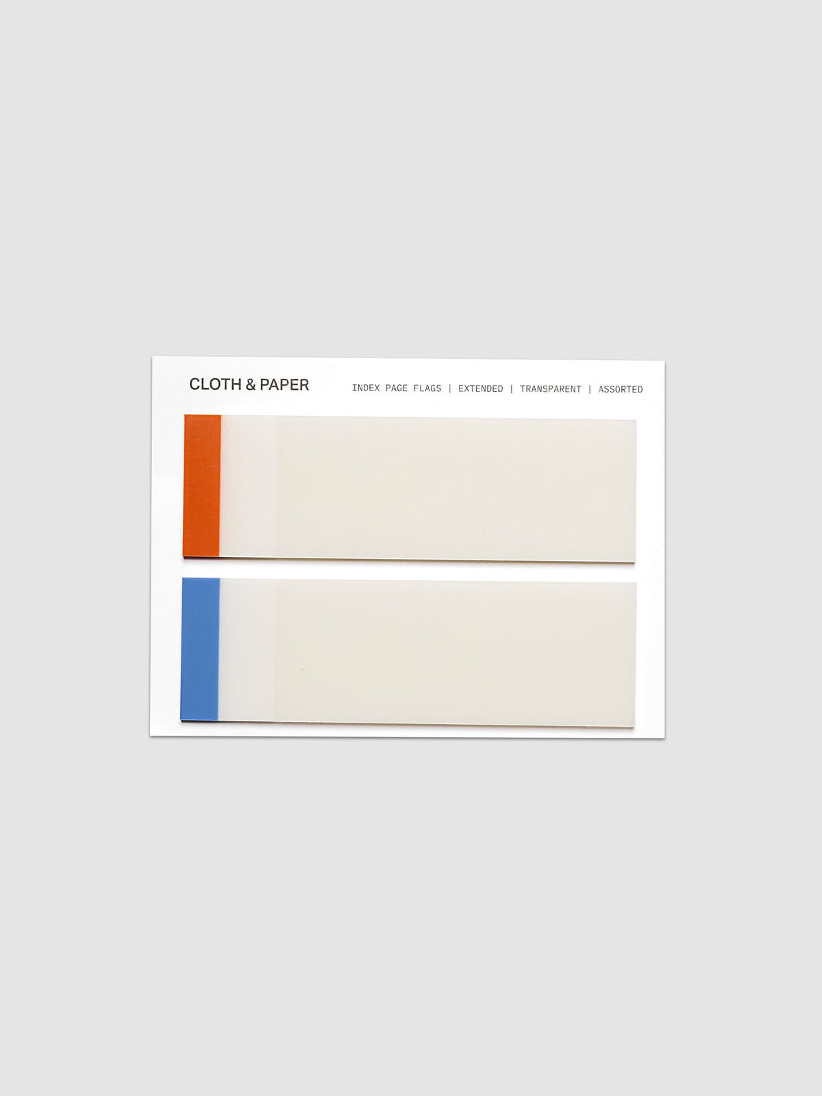 Index Page Flags Extended in Hyacinth and Pimento on a Cloth and Paper backing card, two transparent flags with colored tabs