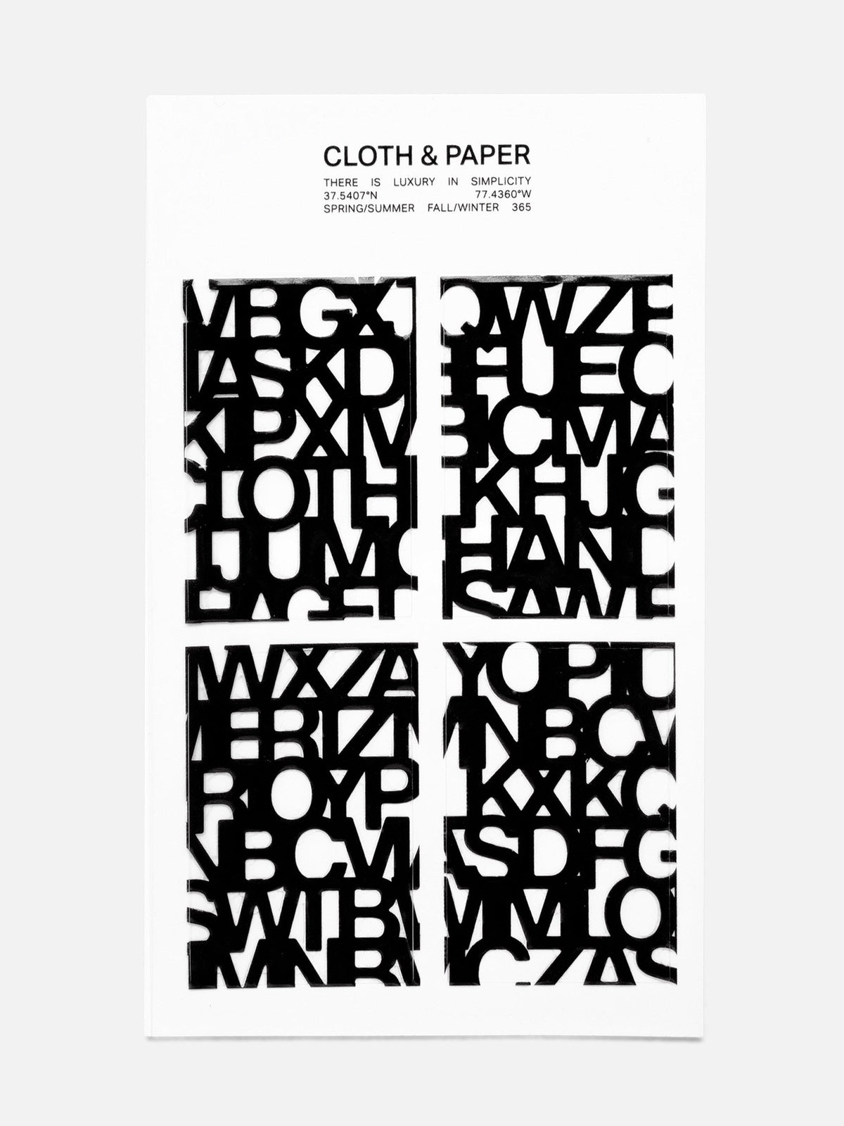 A single sheet of Label Stickers | Precision in Avant Garde, four sticker panels of the black Precision letter pattern on a printed Cloth and Paper backer card