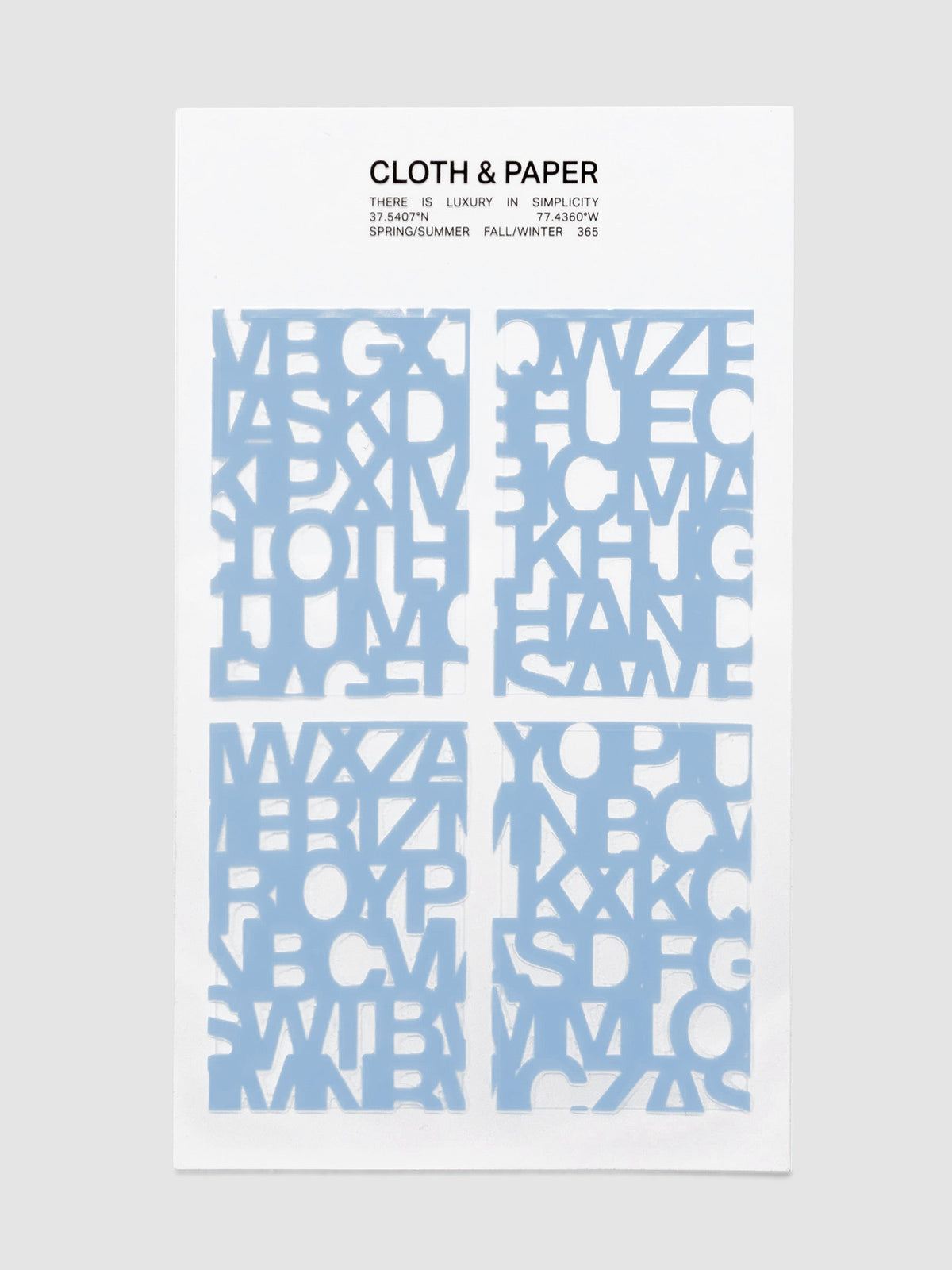 A single sheet of Label Stickers | Precision in Hyacinth, four sticker panels of the blue Precision letter pattern on a printed Cloth and Paper backer card