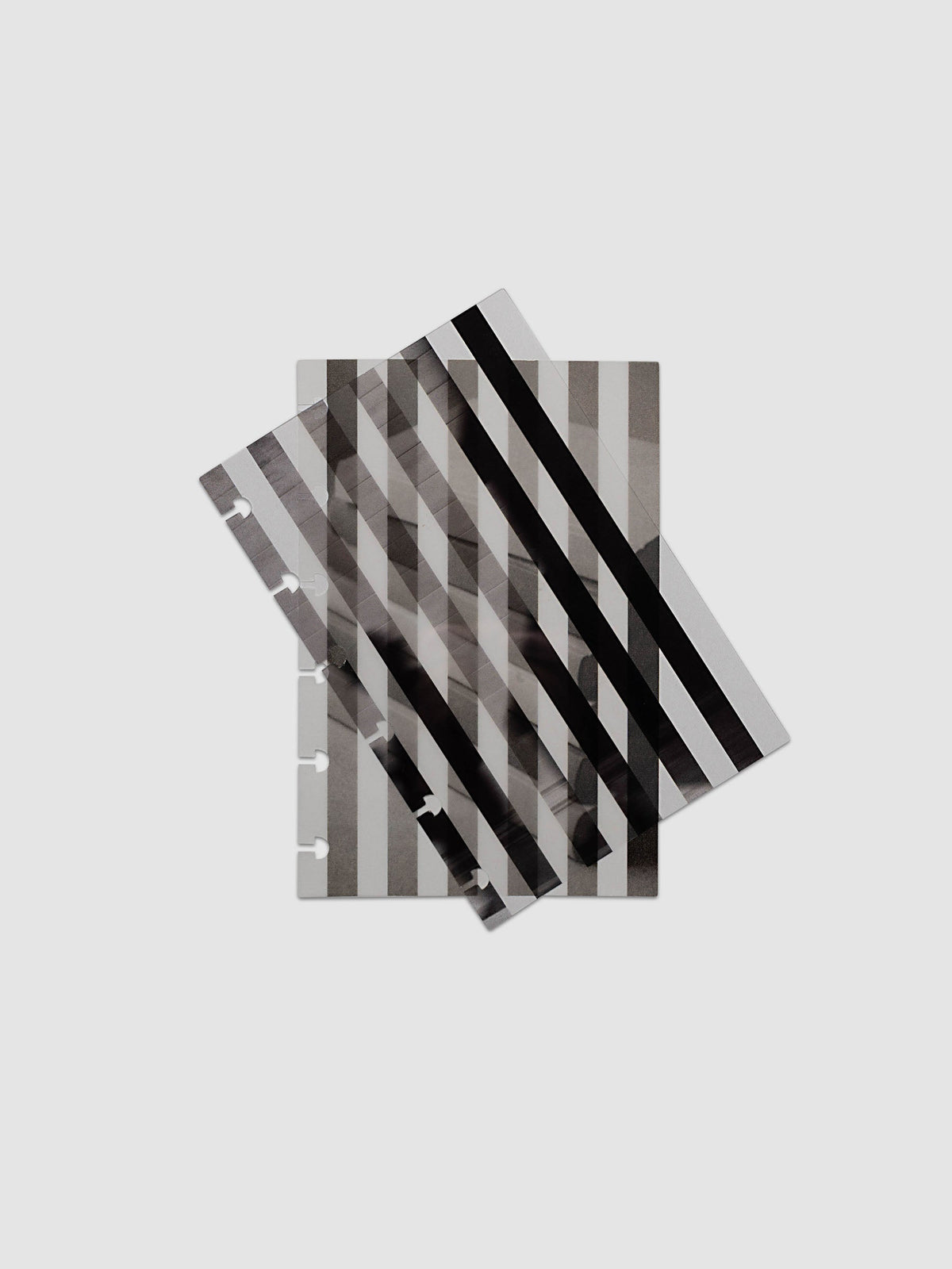 The CP Petite 6-Disc Punch Strips Planner Dashboard Duo layered at the front of a black leather ring bound planner, both images combining into one striped picture