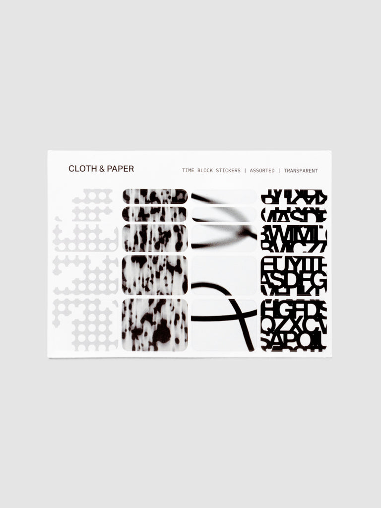 Time Block Stickers sheet with four transparent designs, Punched Holes, Blurred Ink, Blurred Line and Precision letterforms