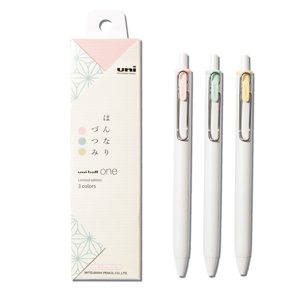 Uni One Gel Pen Set, Limited Edition Taste Colors, 0.5 mm, Cloth and Paper. Set of three pens - pink, green, and yellow - displayed next to their packagi g on a white background.