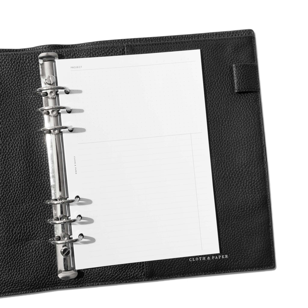 Insert in use inside of a black leather agenda. Size pictured is A5. 