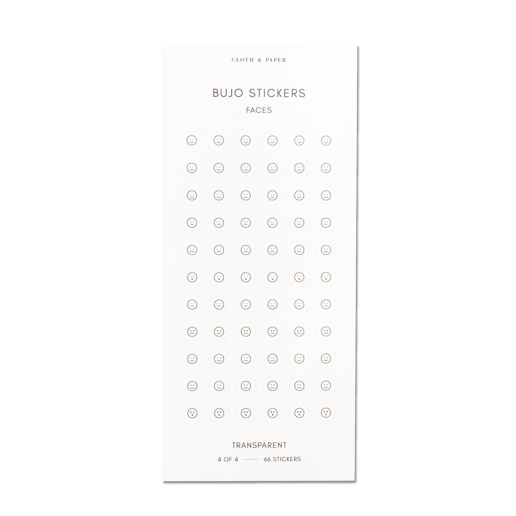 Bujo Stickers, Cloth and Paper. Stickers displayed on a white background. Design shown is faces.