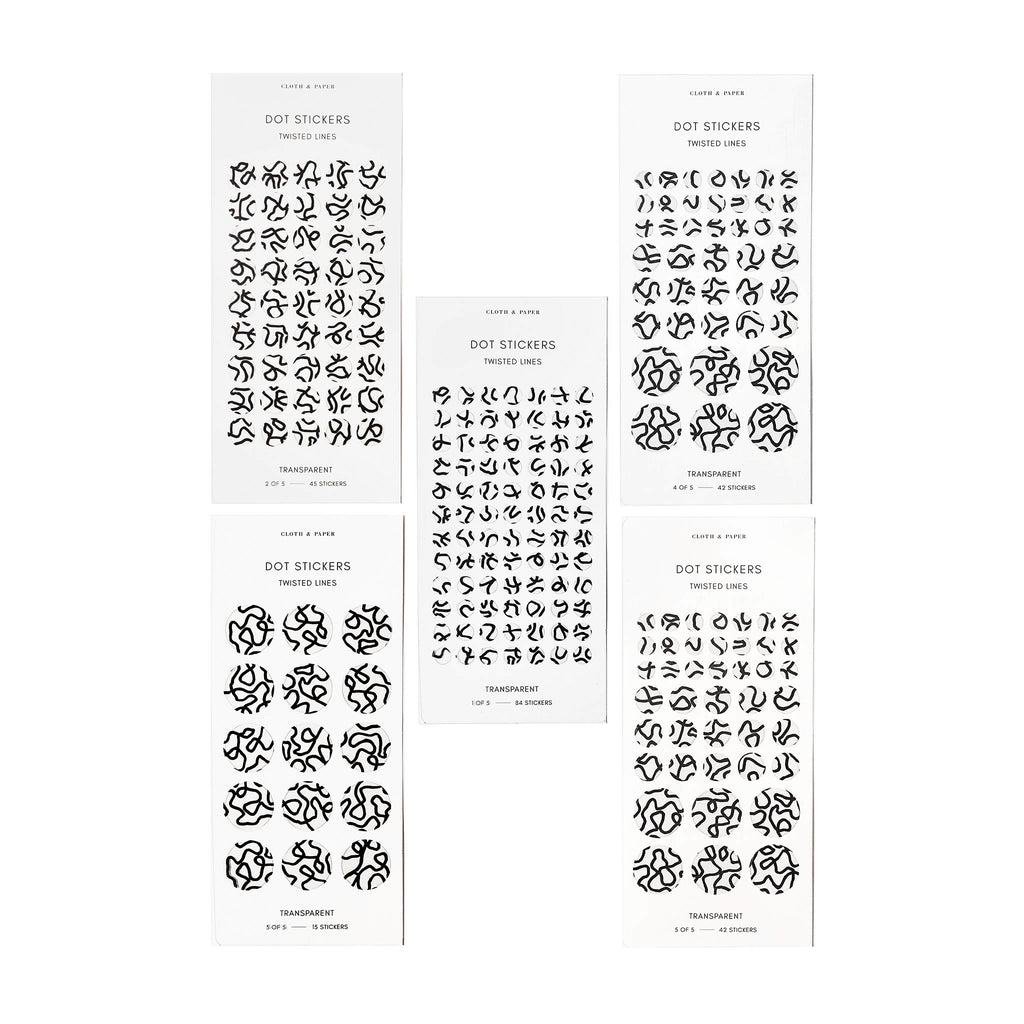 Twisted Lines Dot Sticker Set, Transparent, Cloth and Paper. Set of five sheets of stickers displayed on a white background.