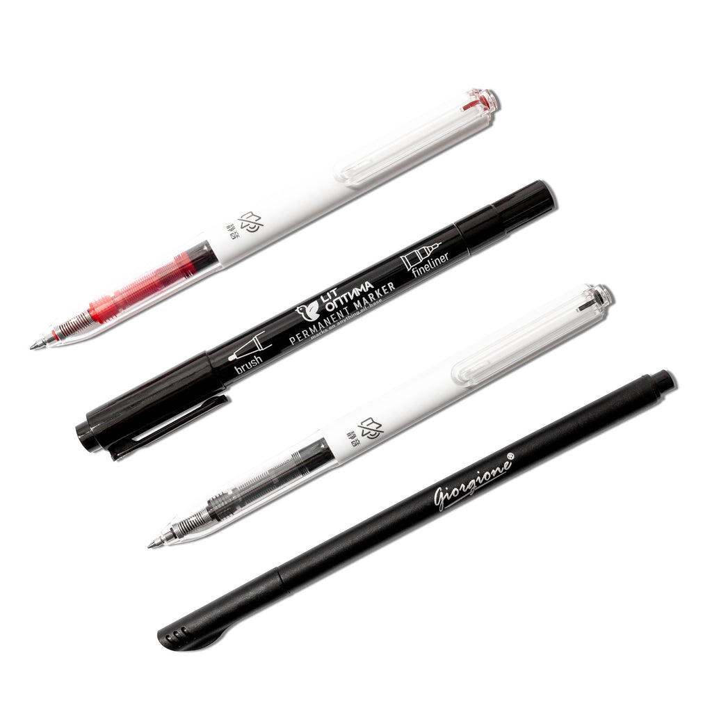 Pen set shown on a white background. Pens shown are Giorgonne Fineliner, Hobby Silent Pens in black and red, and a Lit Ontma Marker.