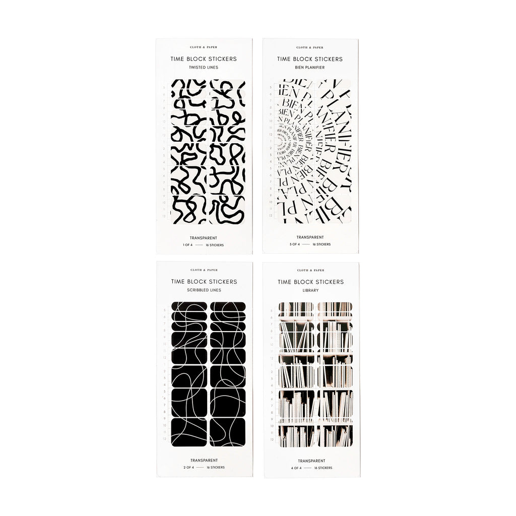 Time Block Sticker Set, Vol 6. Four colors of time block stickers - black twisted lines, bien planner, scribbled lines, and library print - are arranged together on a white background.