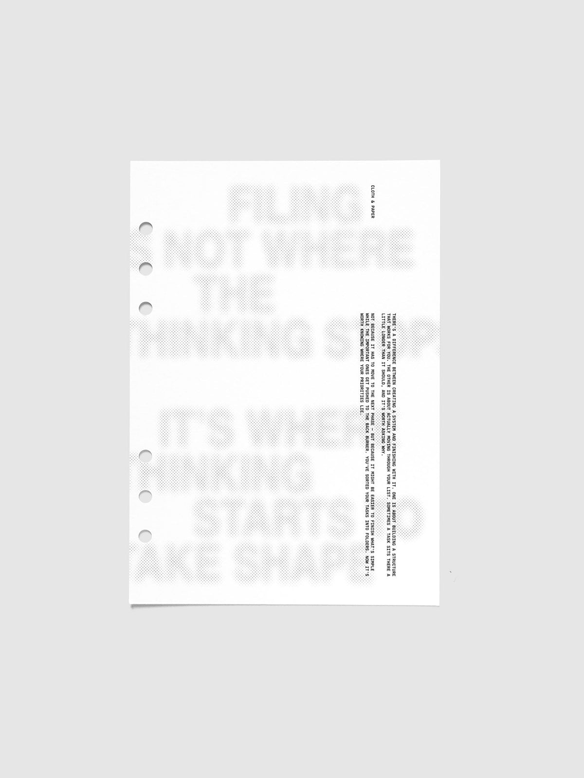 Halftone Planner Dashboard, A5 6-Ring Punch, white dashboard lying flat, a headline printed in soft grey halftone dots reading Filing is not where the thinking stops, it's where thinking starts to take shape