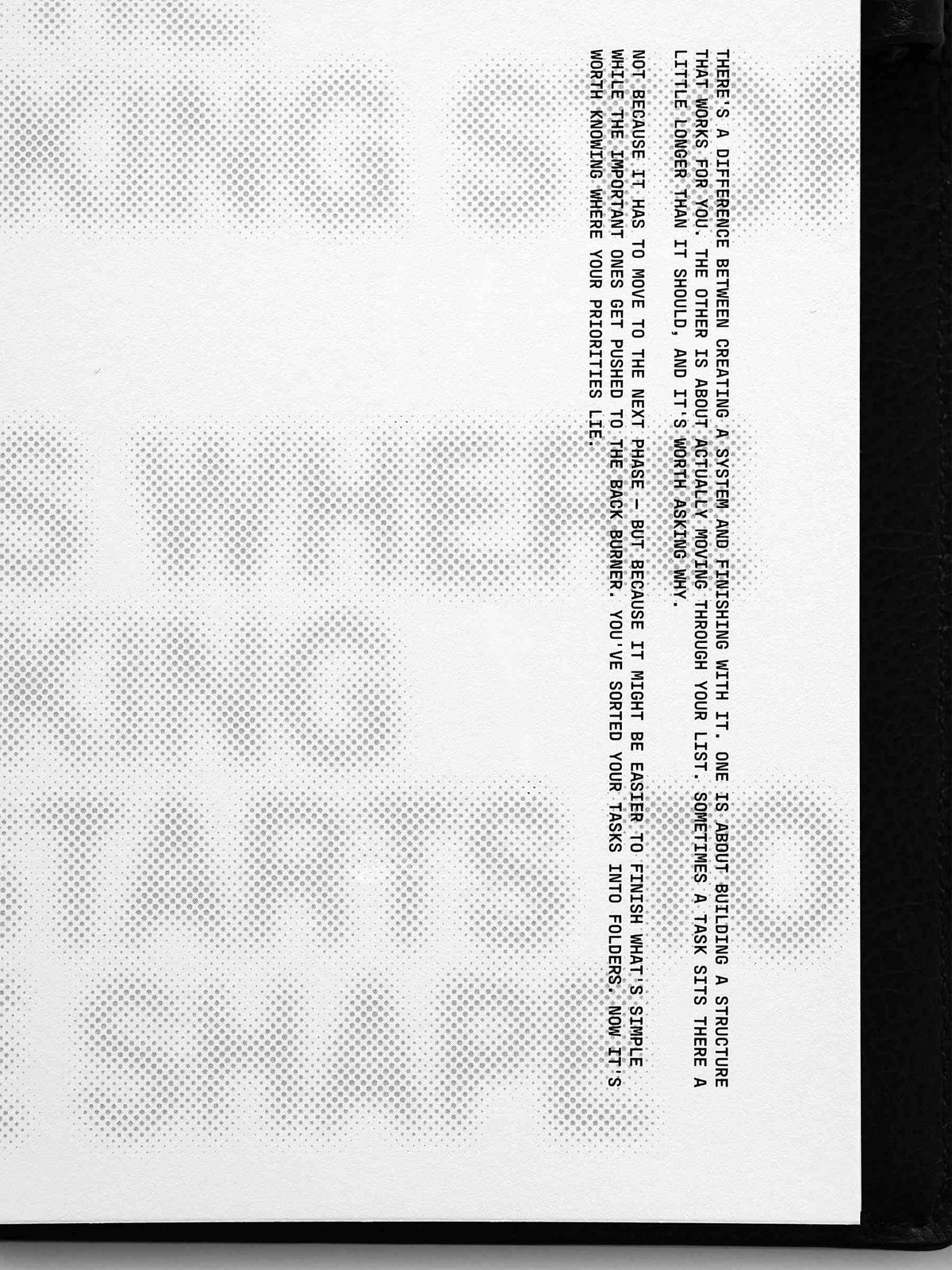 Halftone Planner Dashboard, Half Letter 8-Disc Punch, close-up of the right edge where the black typewriter text runs down beside the dotted headline