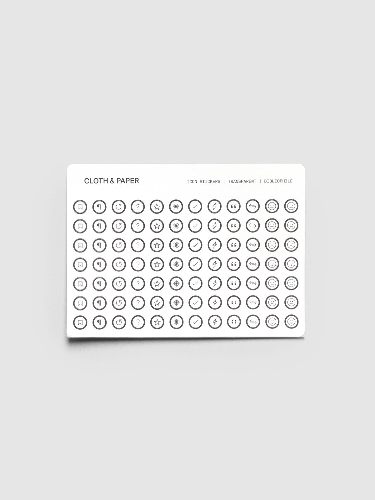 Icon Stickers Bibliophile, sheet of round clear stickers with icons in black