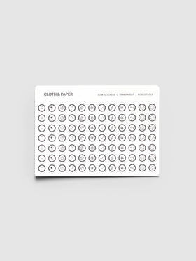 Icon Stickers Bibliophile, sheet of round clear stickers with icons in black