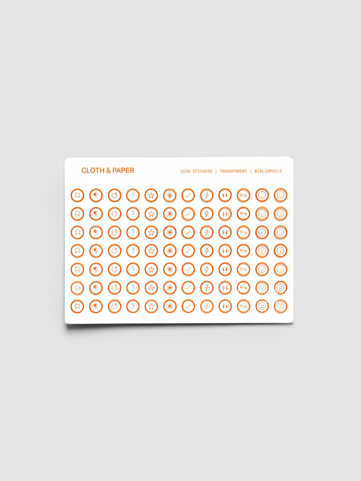 Icon Stickers Bibliophile, sheet of round clear stickers with icons in orange