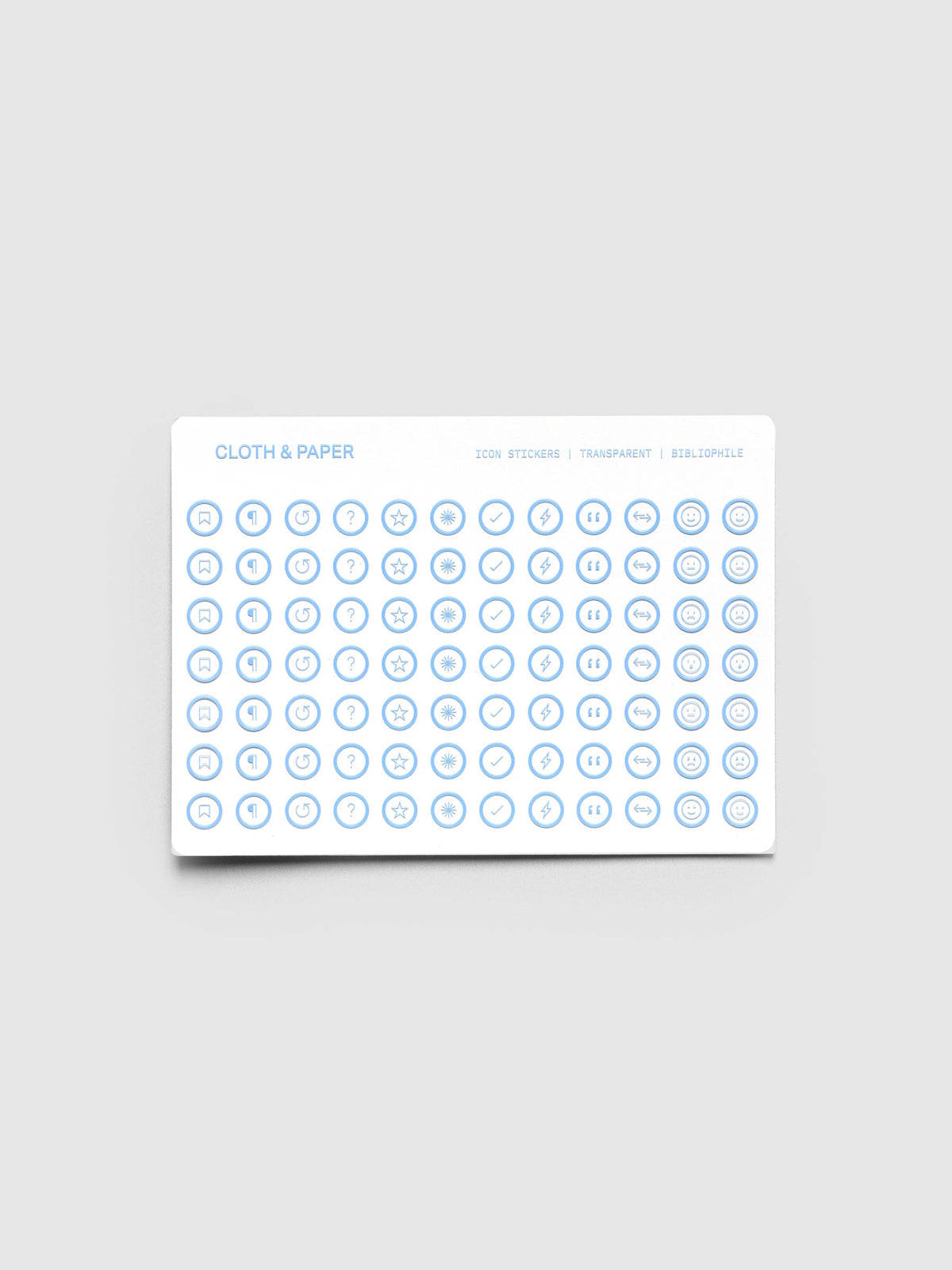 Icon Stickers Bibliophile, sheet of round clear stickers with icons in blue