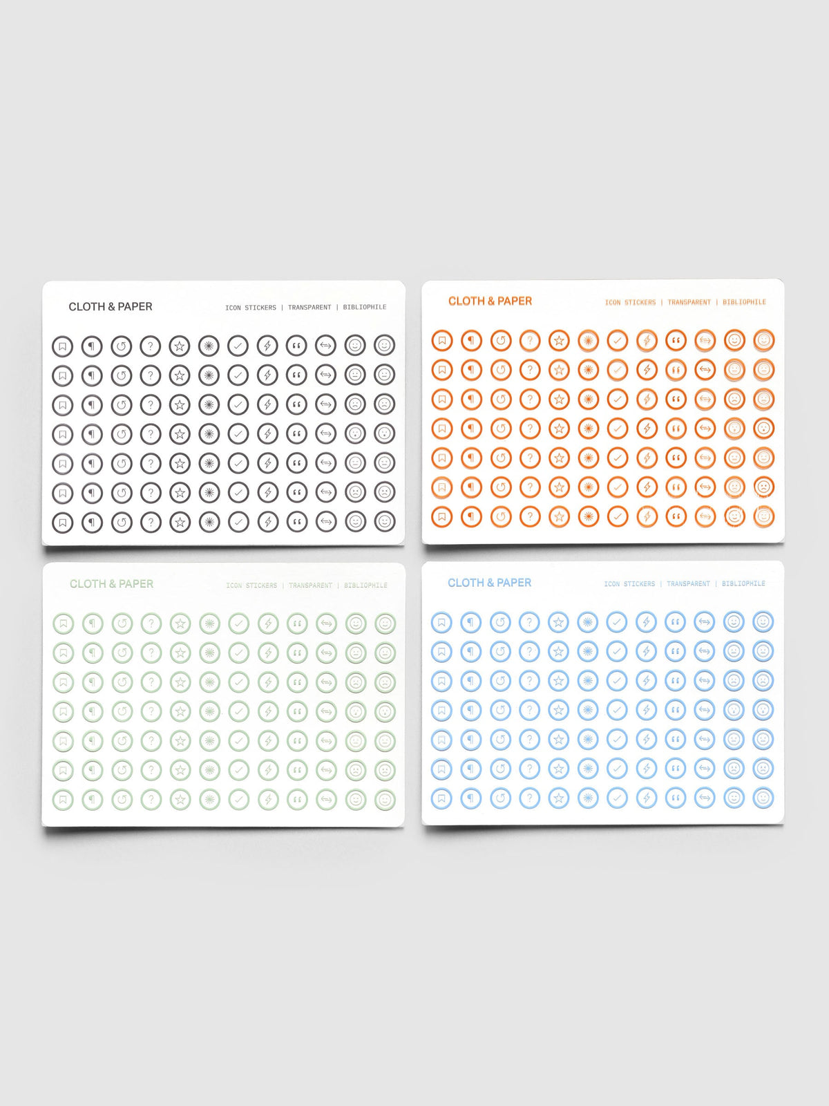 Icon Stickers Bibliophile, all four sheets laid out together