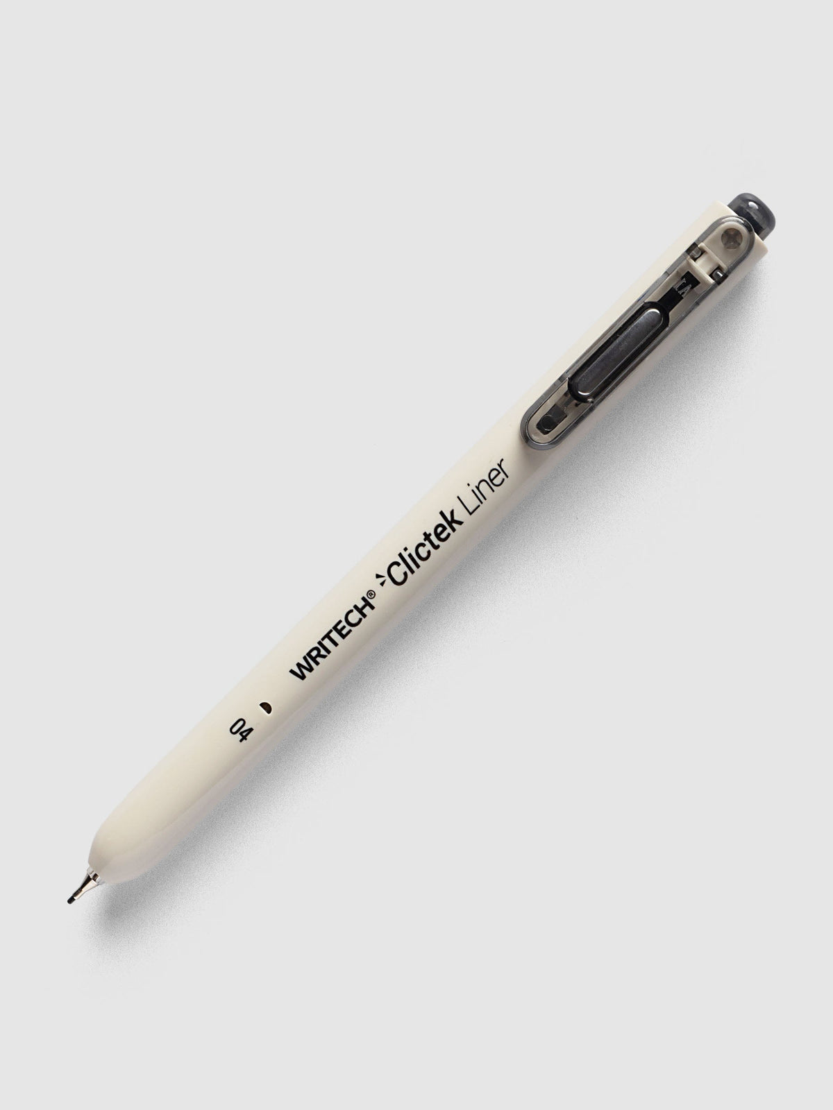 Writech Clictek Liner Pen, 0.4 mm, beige barrel with a smoke grey clicker and clip, lying at an angle