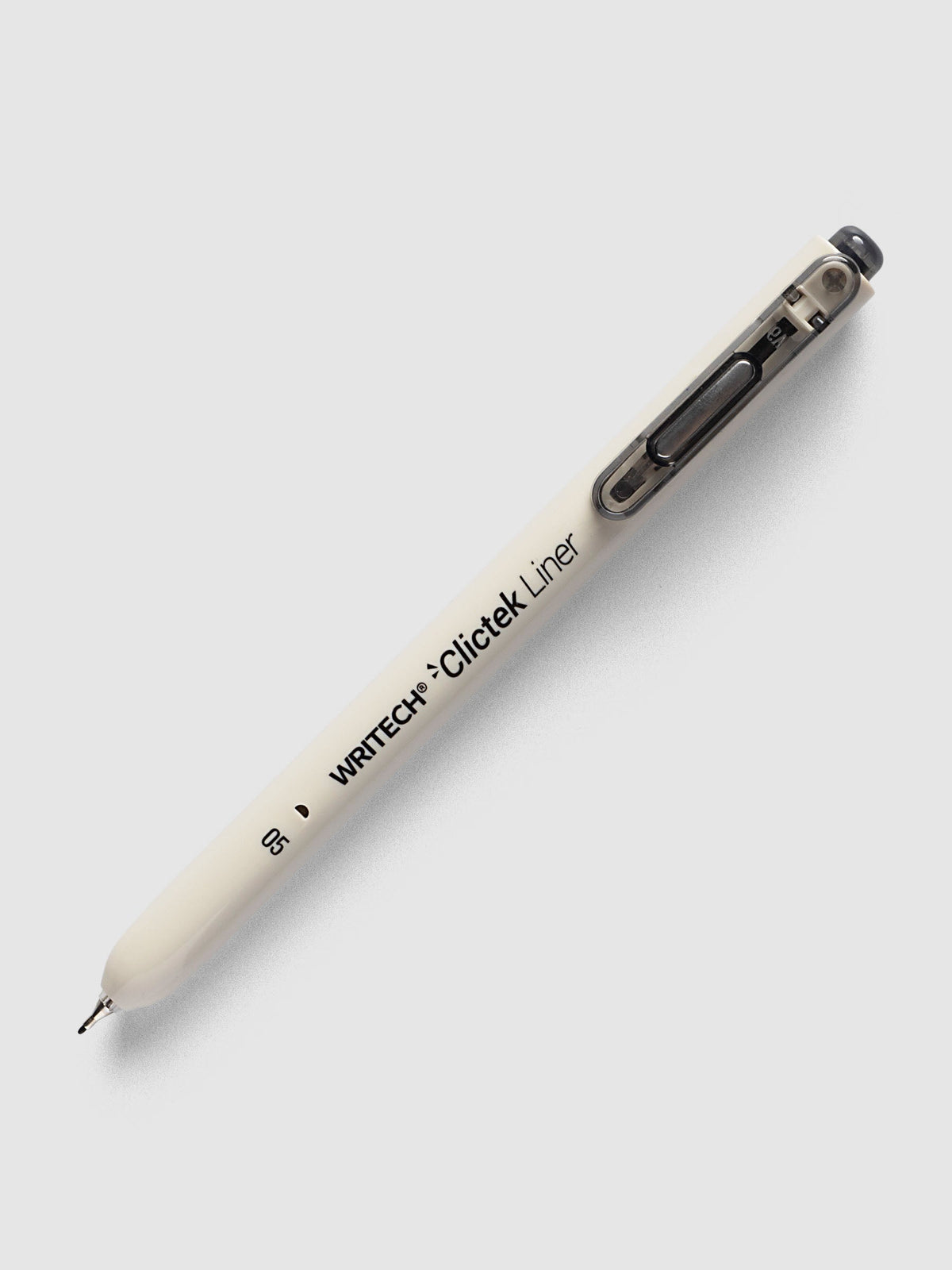Writech Clictek Liner Pen, 0.5 mm, beige barrel with a smoke grey clicker and clip, lying at an angle