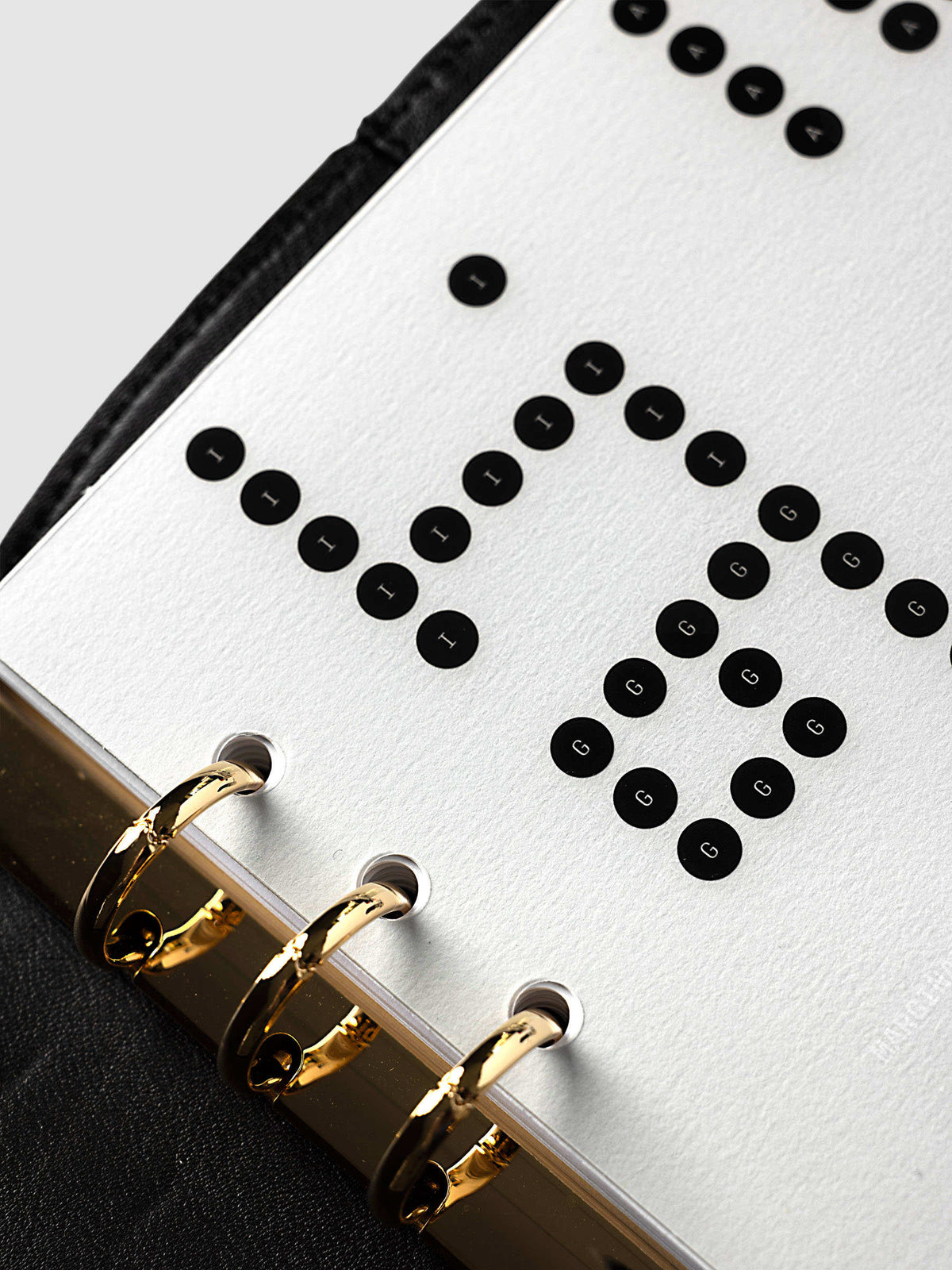 Scantron Dashboard Duo, A5 6-Ring Punch, angled close-up of the gold rings and the black lettered bubbles