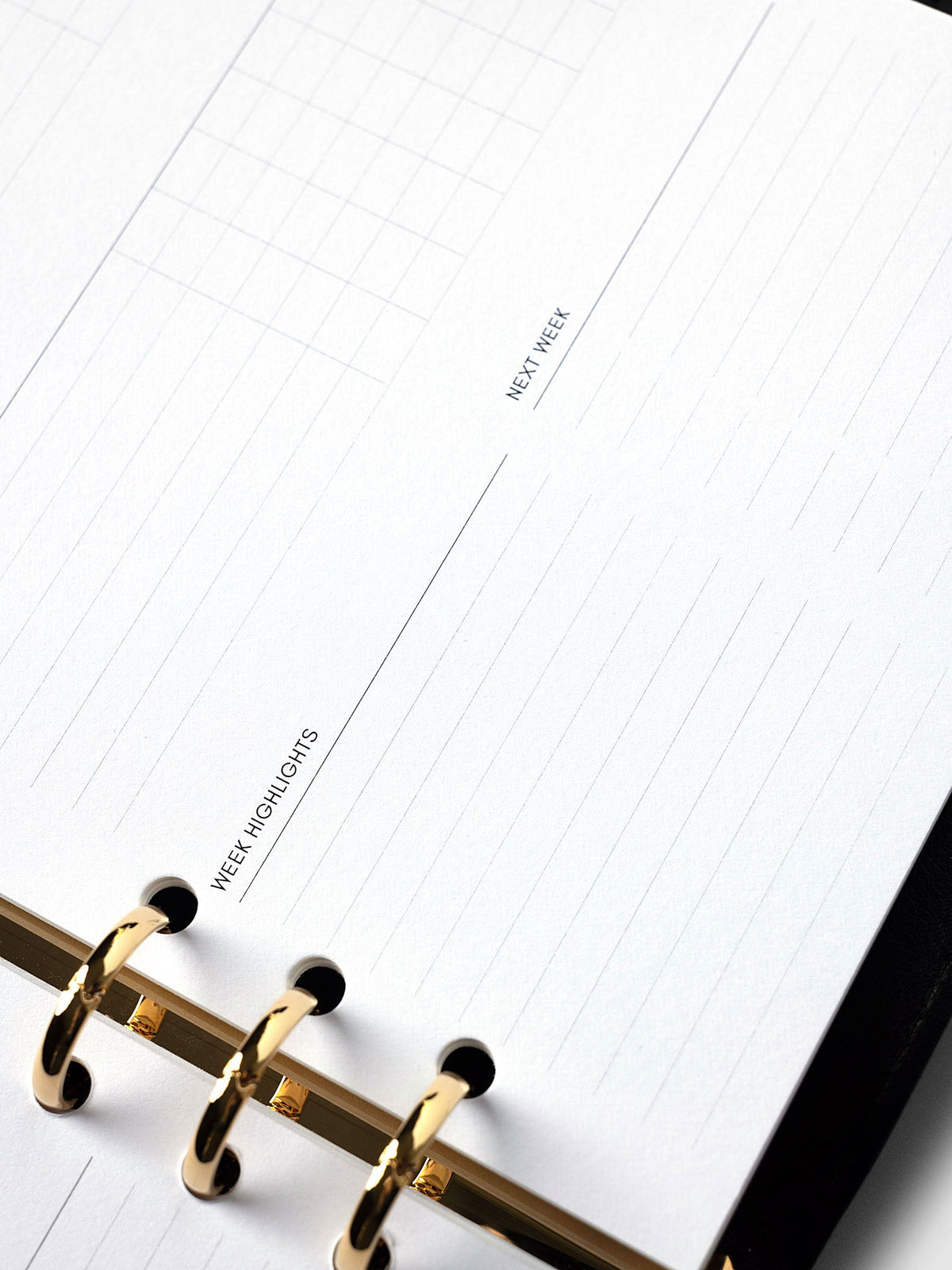 Weekly Essentials Planner Inserts, A5 6-Ring Punch, angled close-up of the Week Highlights and Next Week sections beside the gold rings