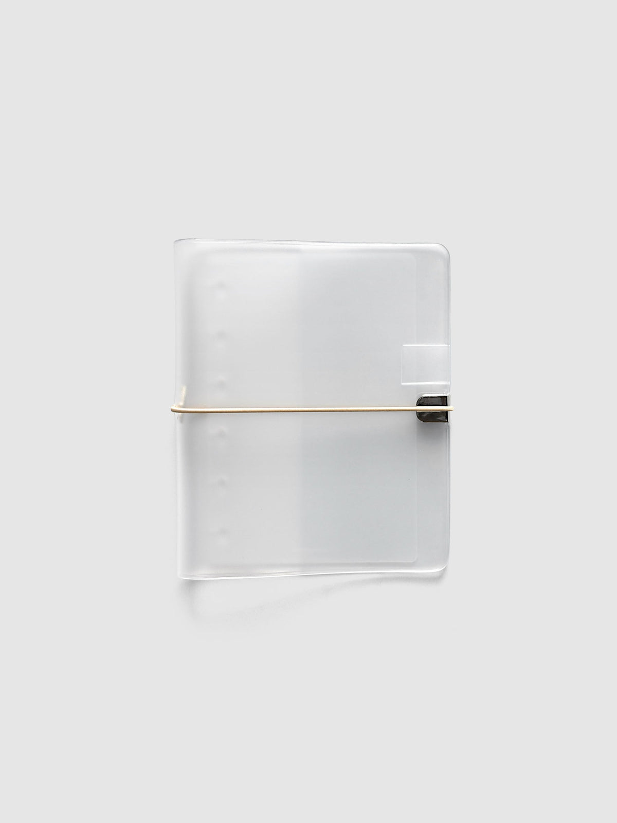 Folio Cover in frosted vinyl, CP Petite (CP Petite 6-Disc Punch), closed with a beige bungee cord hooked to a silver metal clip