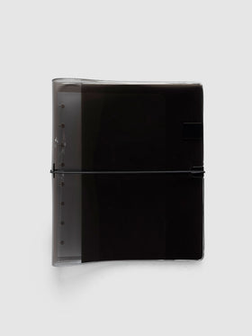 Folio Cover in black tinted vinyl, Large (Half Letter 8-Disc Punch), closed with a black bungee cord hooked to a black clip
