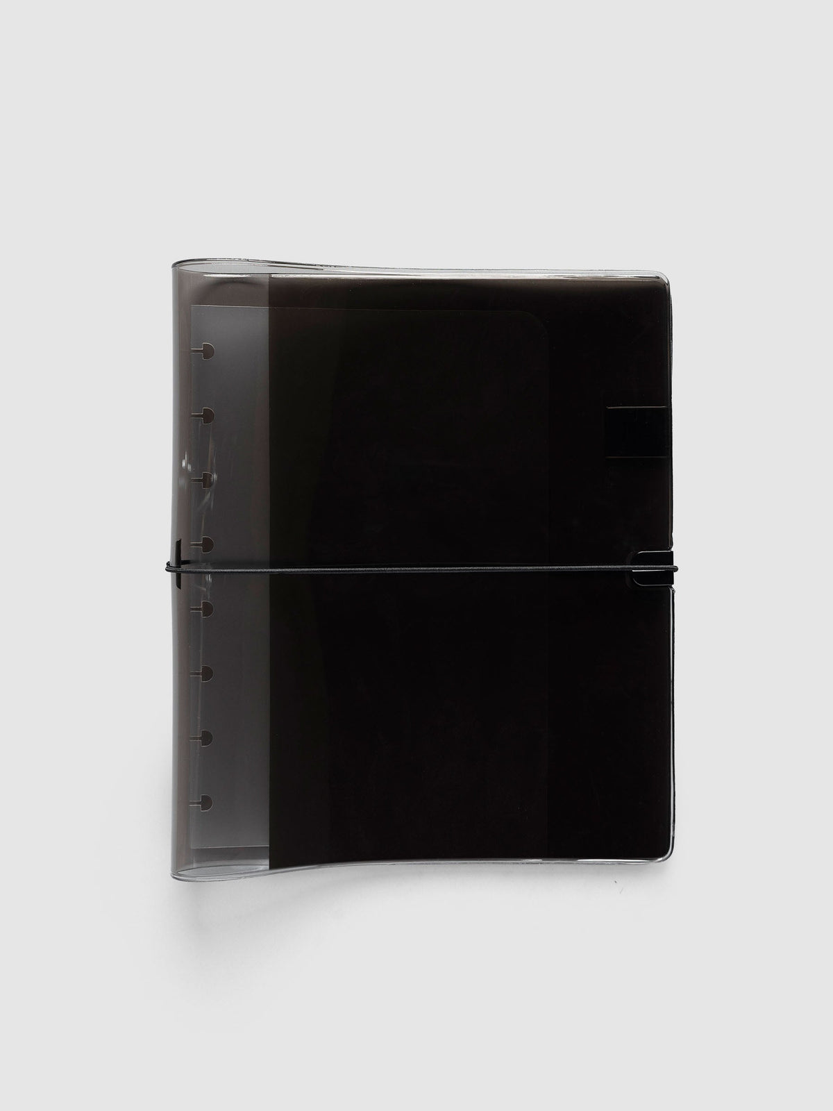 Folio Cover in black tinted vinyl, Large (Half Letter 8-Disc Punch), closed with a black bungee cord hooked to a black clip