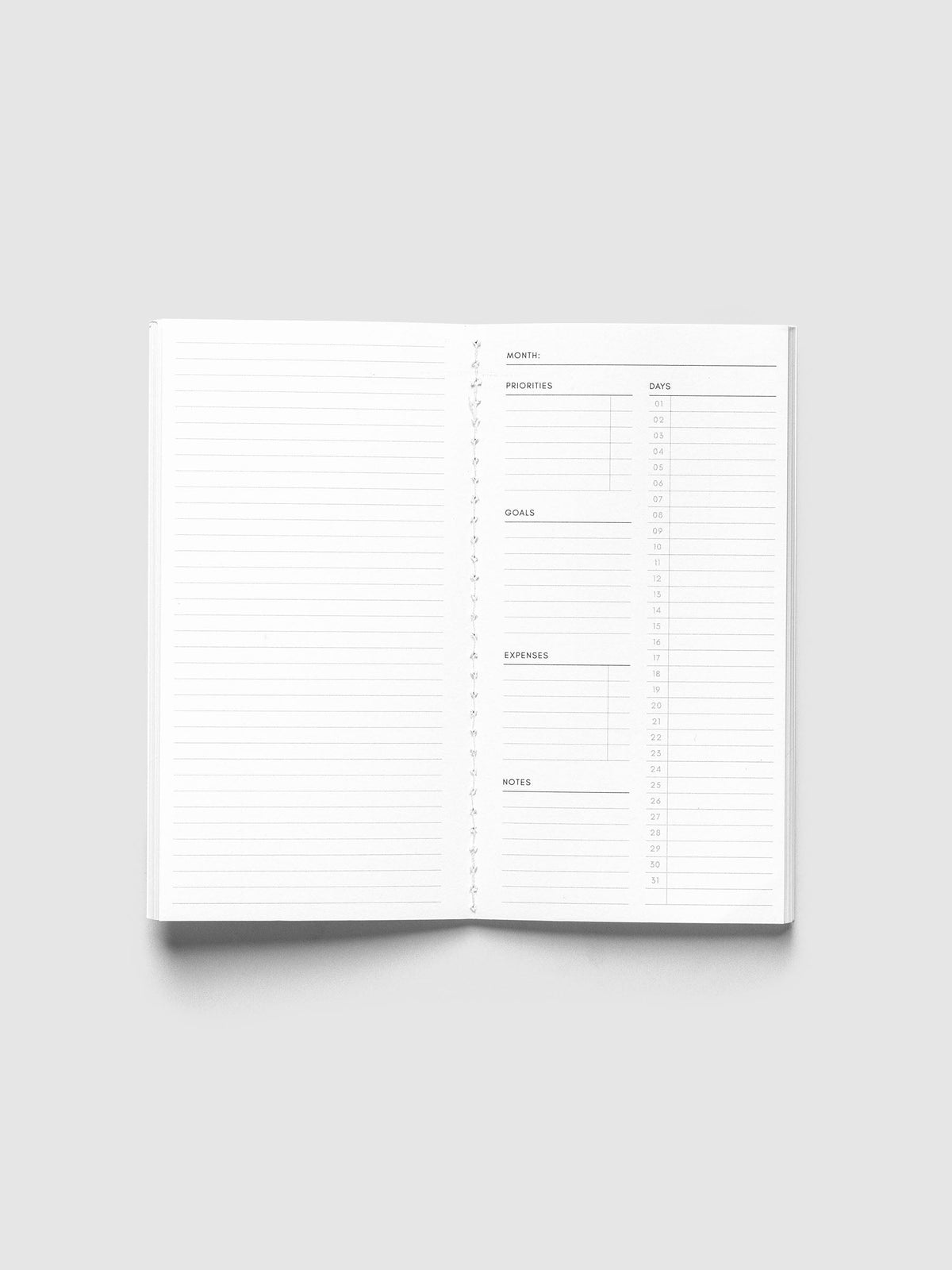 Monthly Overview Pocket Plus open to a lined left page and a monthly overview page with priorities, goals, expenses, notes and days 01 to 31