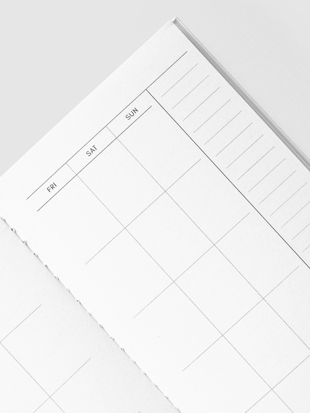 Close-up of the Friday to Sunday columns and lined notes column of the calendar spread in the Monthly Overview Pocket Plus