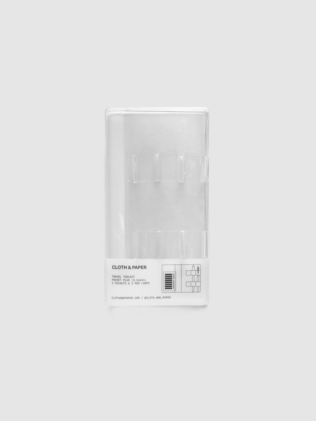 Travel Tool Kit, Pocket Plus, in clear vinyl, packaged with a white belly band reading 3 pockets and 3 pen loops