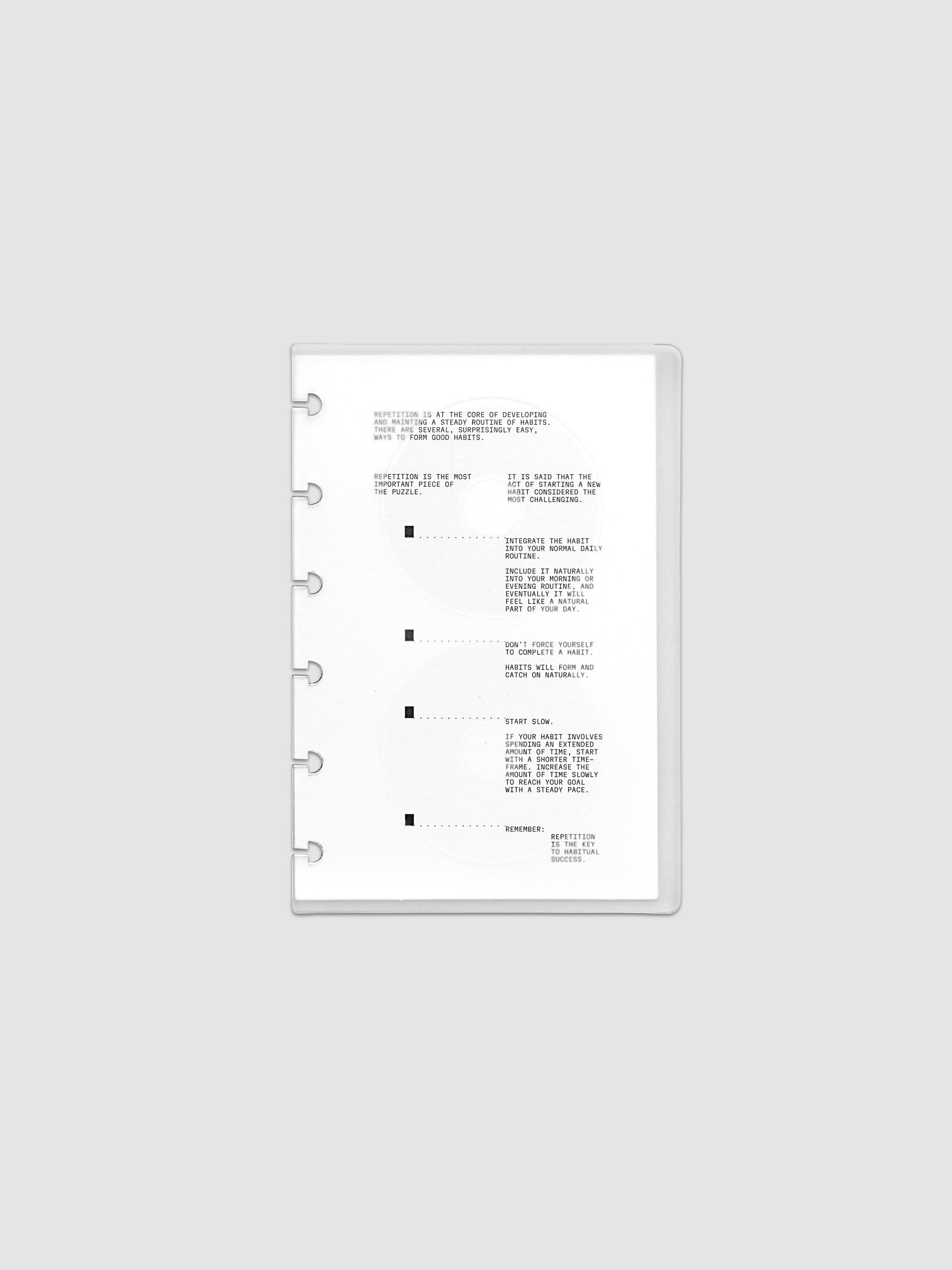 On Repeat Planner Cover + Dashboard Set  shown in size CP Petite, pre-punched for discbound notebooks and planners.