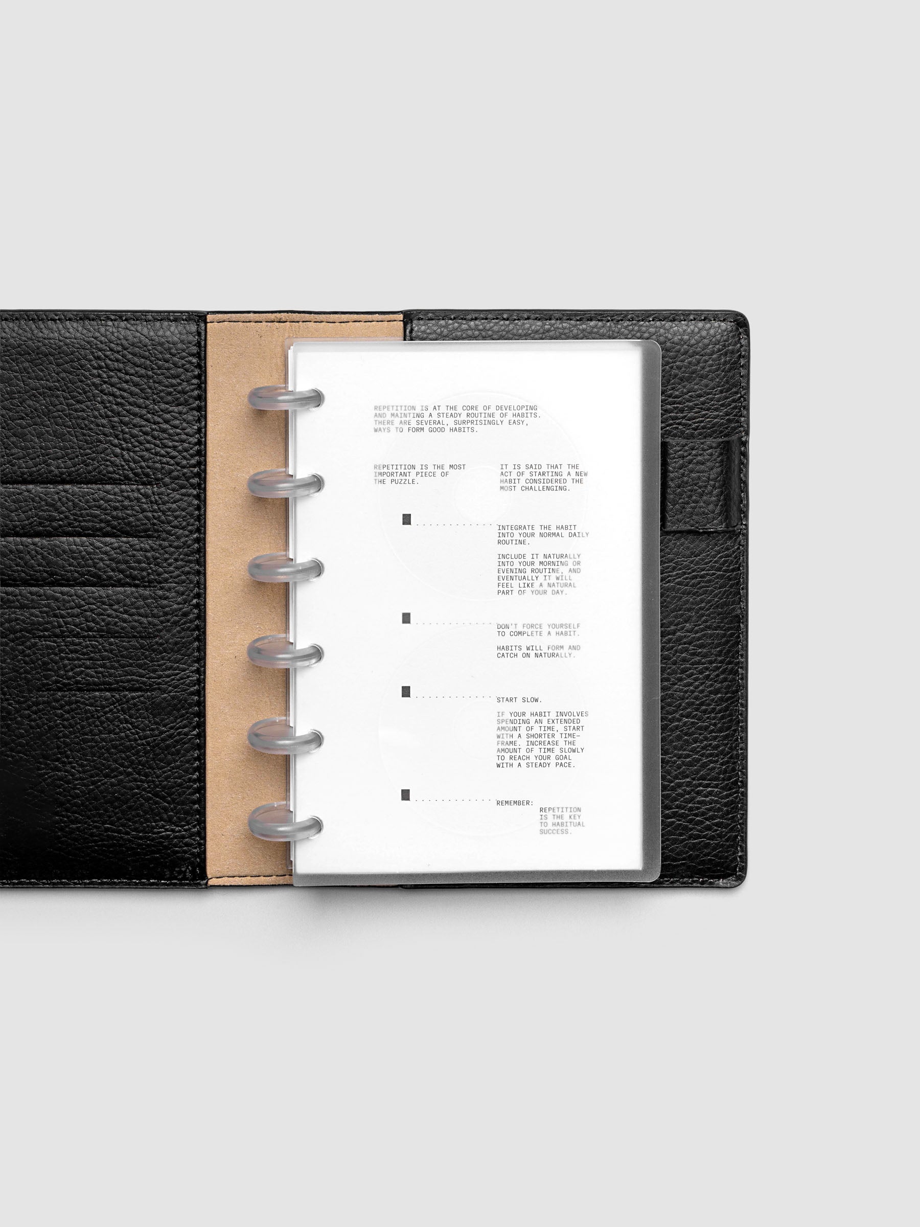 On Repeat Planner Cover + Dashboard Set  shown in a black, CP Petite folio.