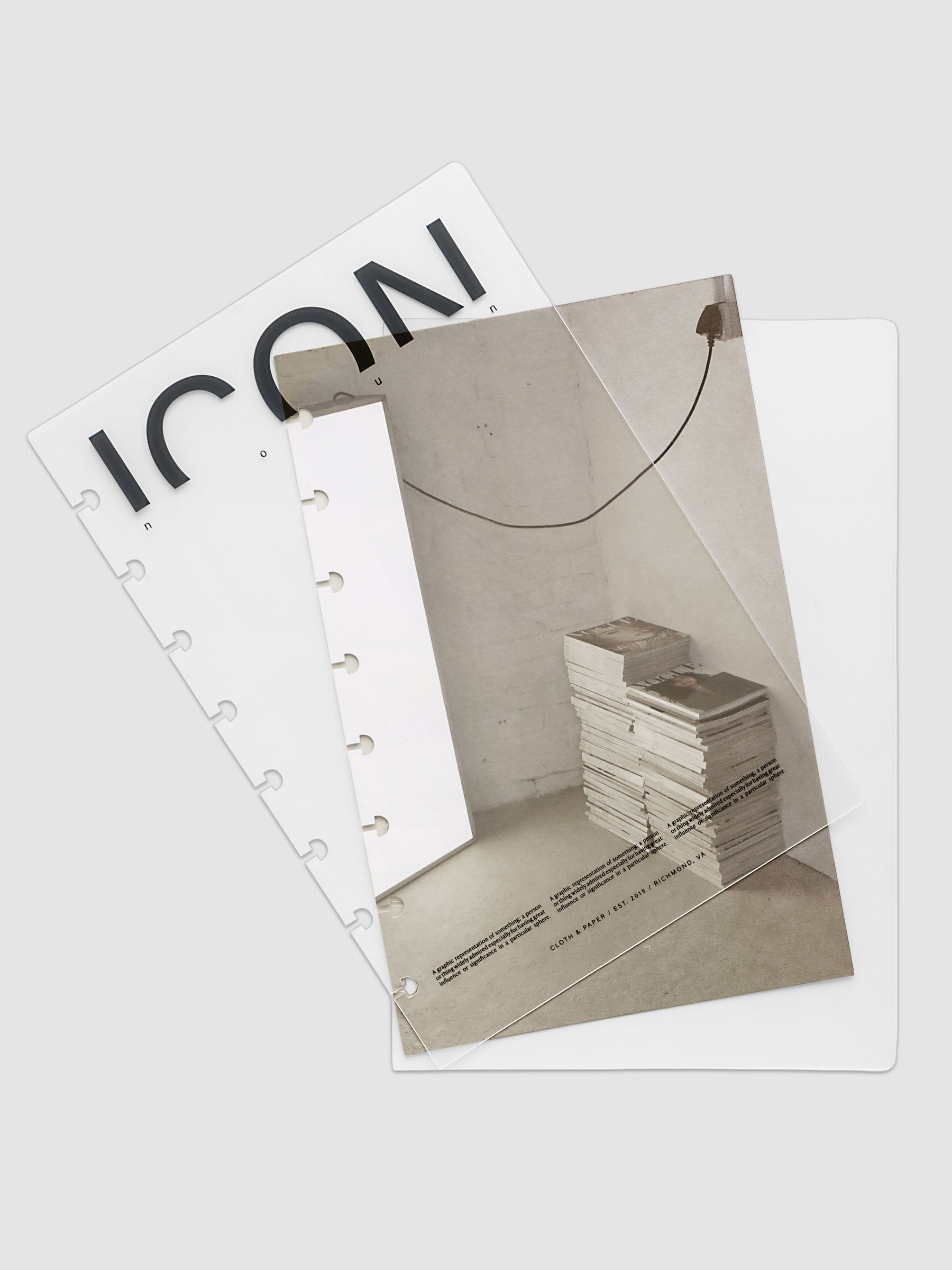 Clear planner cover with black text and a photographic dashboard shown pre-punched for discbound planners in size Half Letter.