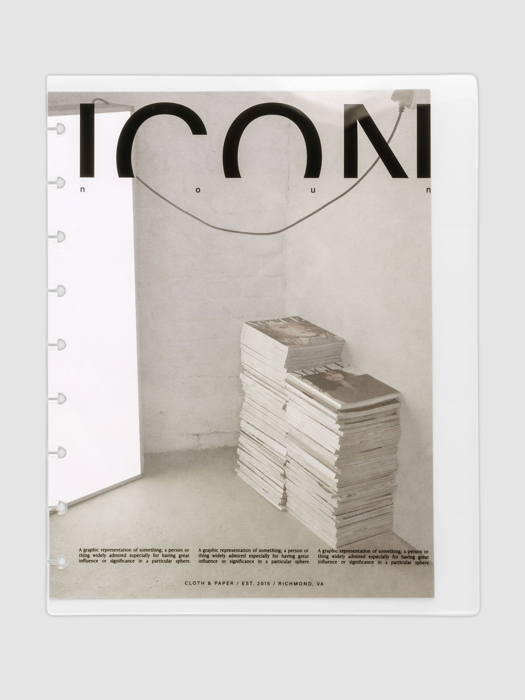 Clear planner cover with black text and a photographic dashboard shown pre-punched for discbound planners in size HP Classic.