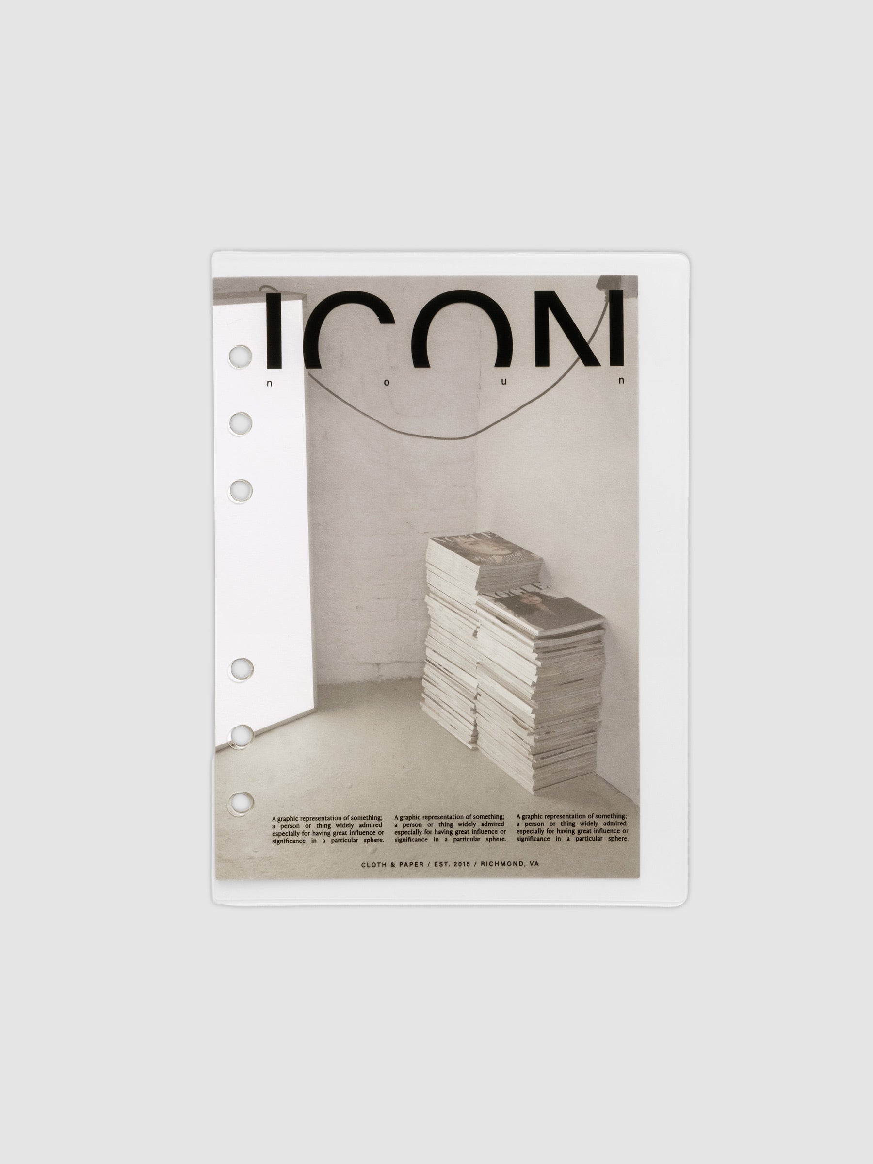 Clear planner cover with black text and a photographic dashboard shown pre-punched for 6-ring planners in size Personal Wide.