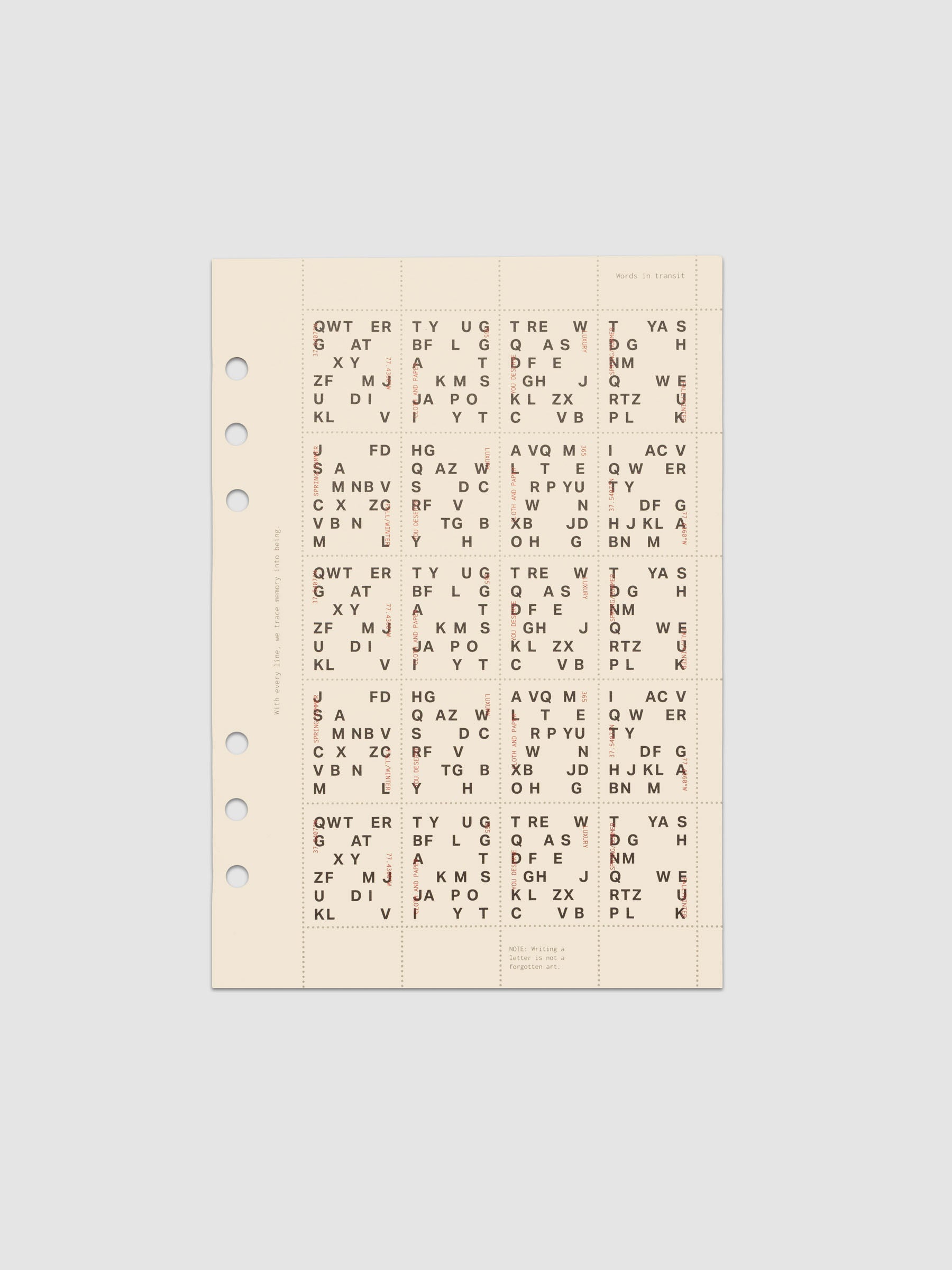 Cream colored Stamp Sheet Planner Dashboard with black text design shown in size A5 against a grey background.