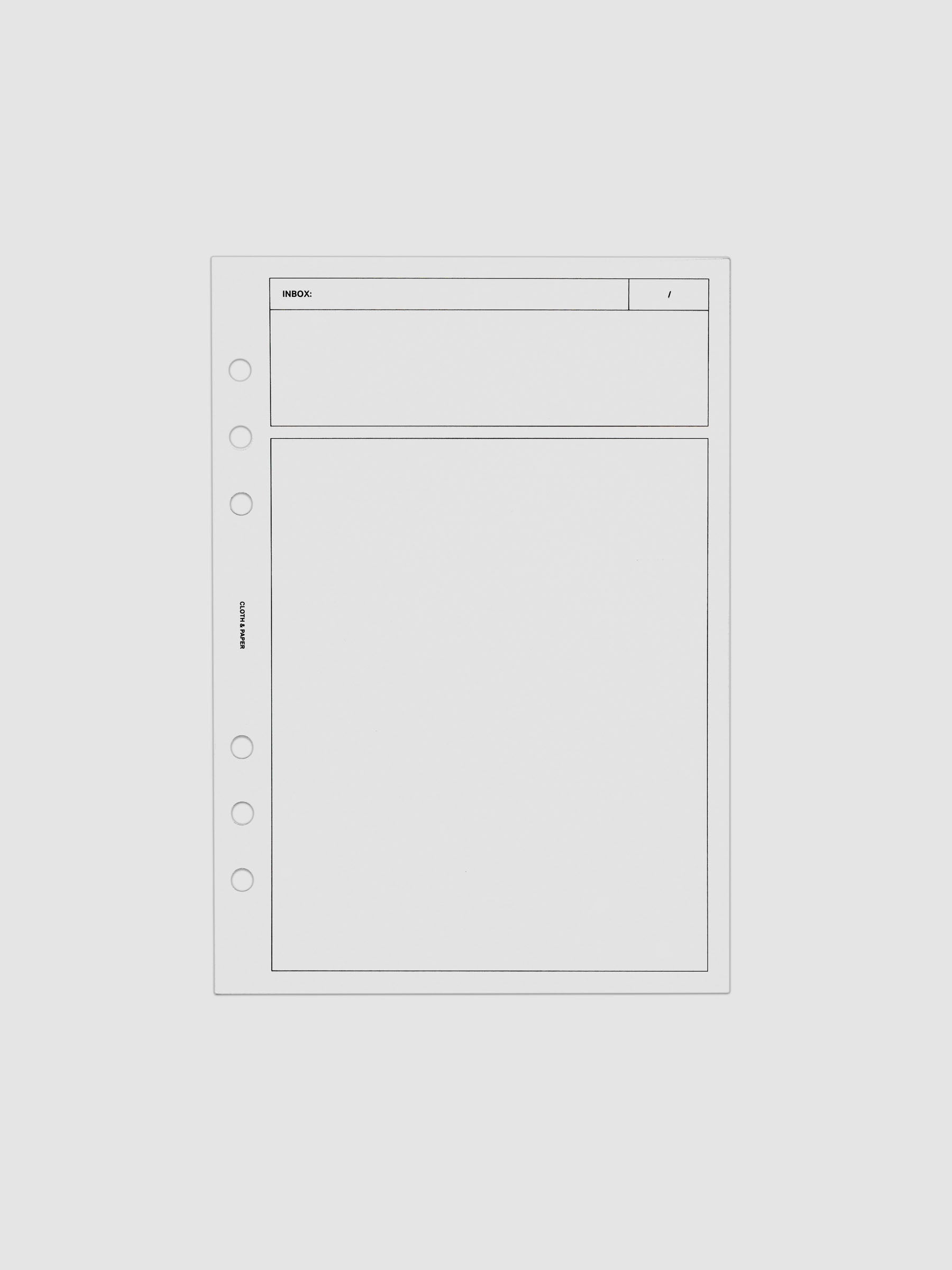 Clear, flexible plastic dashboard with black printed rectangular boxes and a header titled 'Inbox'. Shown in size A5, pre-punched for 6-ring binders.