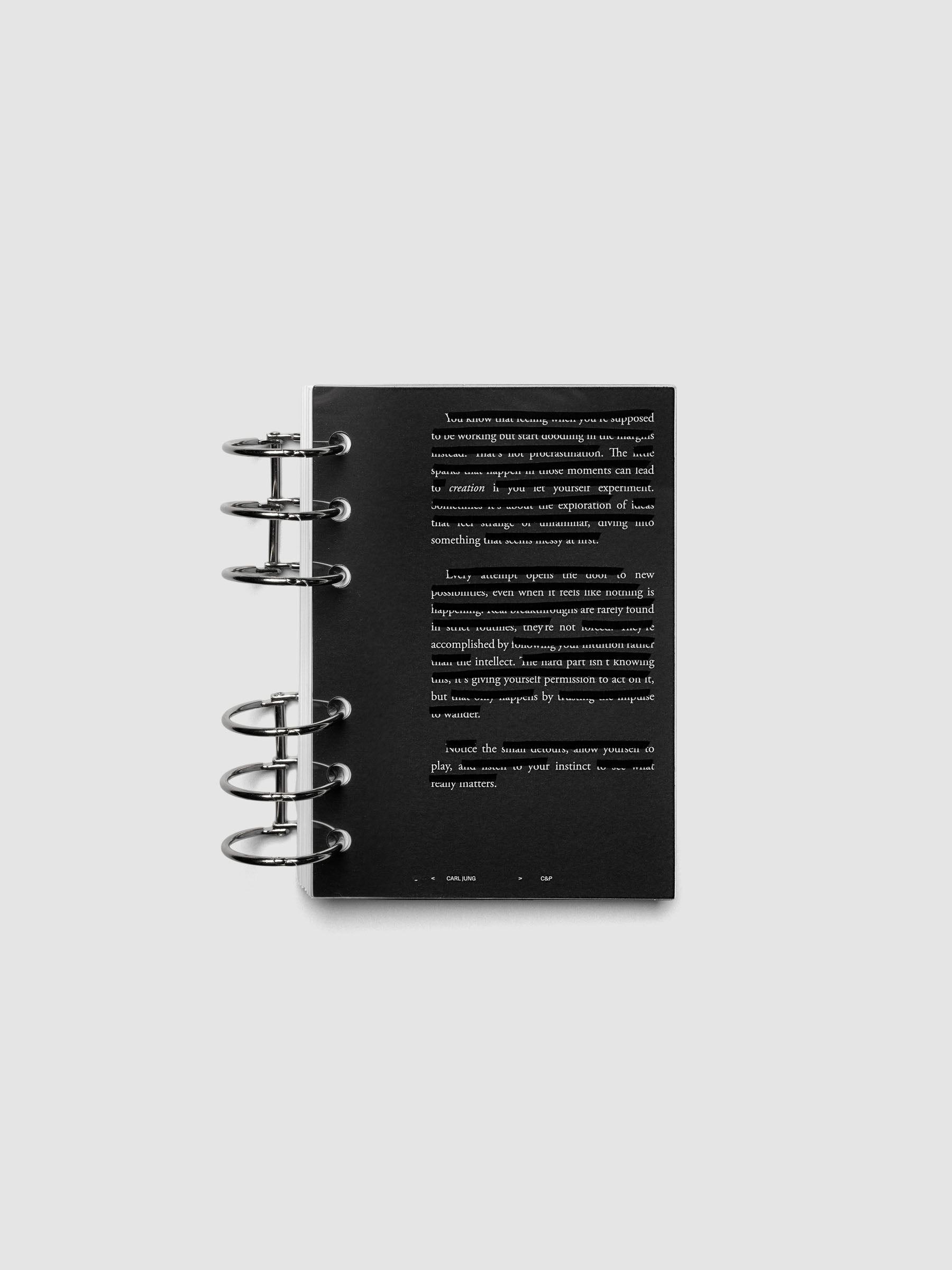 Black, white, and transparent dual layer planner dashboard shown in size A6 6-Ring Punch inside a planner